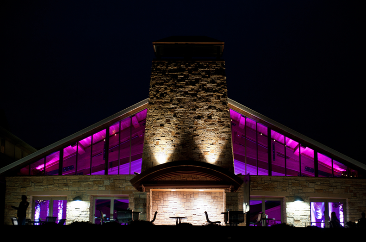 Night view of a building with a tall stone chimney and sloped glass roof illuminated with purple lights.