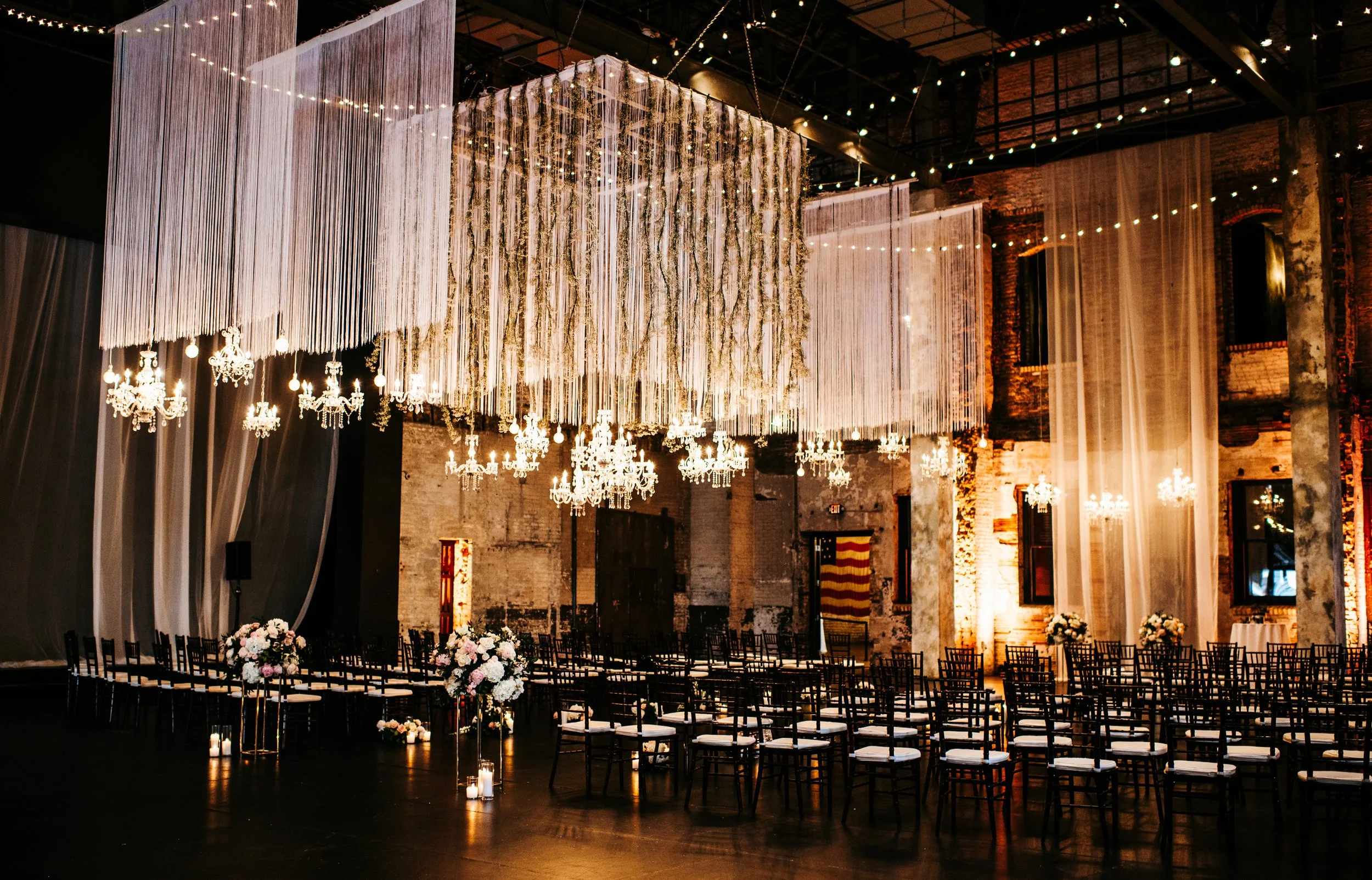 Wedding Ceremony with Hanging Installation and Lighting
