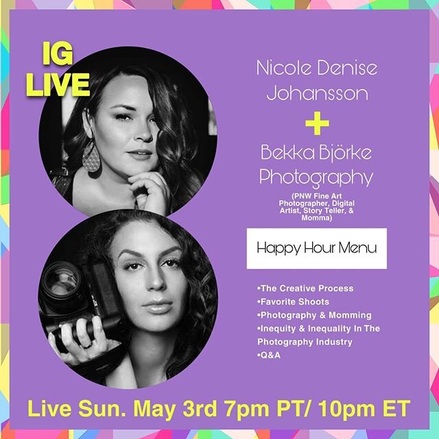 🍷 Happy Hour Live 🍷
-
Going LIVE with the Oh So Talented @bekkabjorke Sun. May 3rd 7pm PT/ 10pm ET! We&rsquo;ll be talking about her favorite shoots, life &amp; work with kids in quarantine, equality in the photography industry, &amp; more! Bekka i