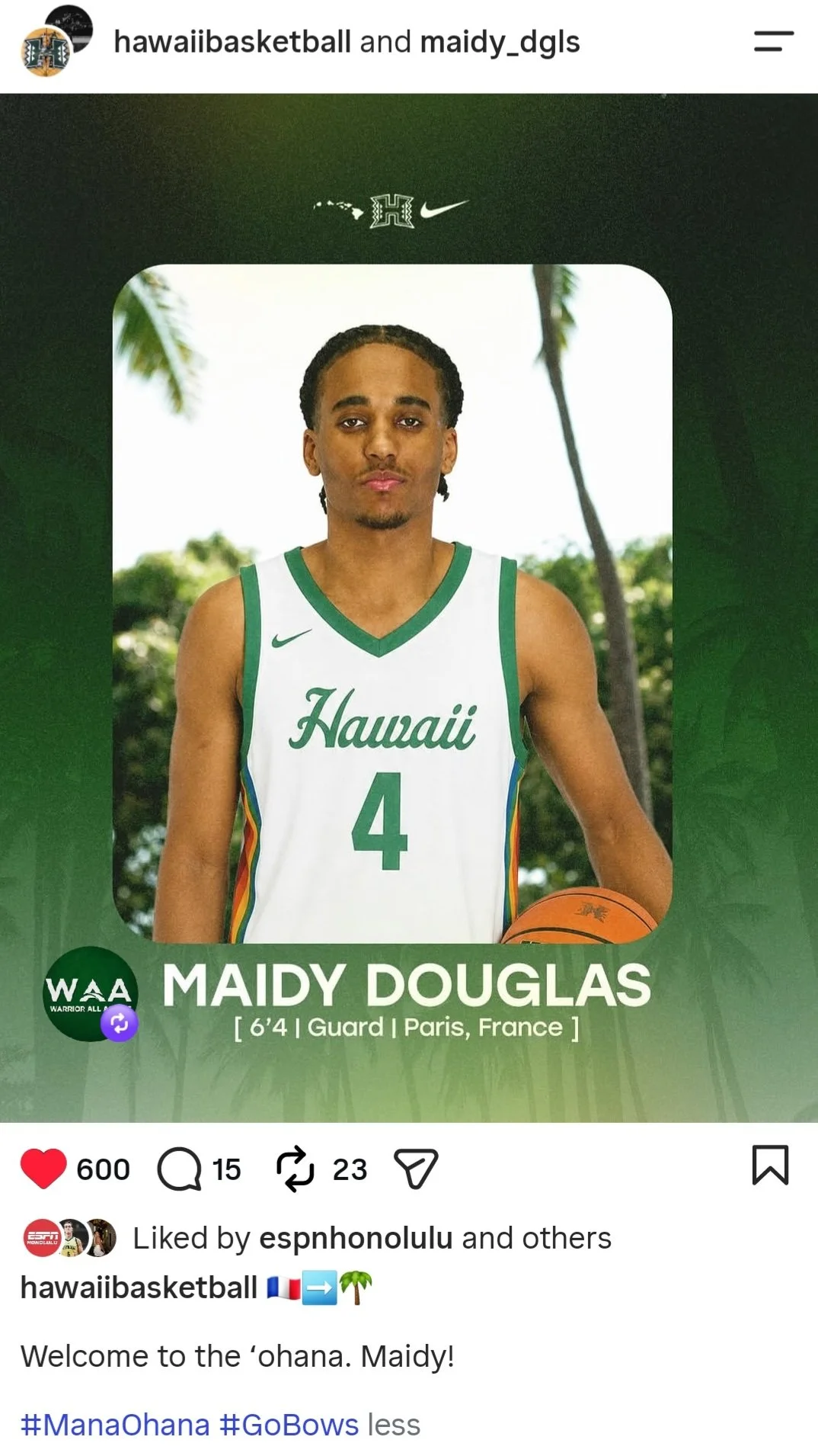 Maidy Douglas comes to Hawaiʻi men’s basketball!