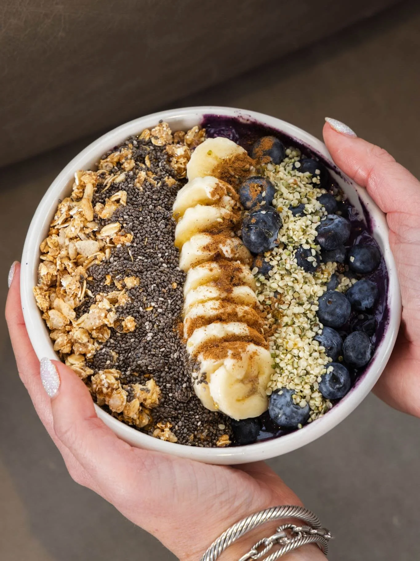 You&rsquo;re my bowl blue. 🫐✨

A mix of banana, blueberry, and almond milk with a hint of lavender, topped with granola, cinnamon, banana, blueberries, honey, chia, and hemp seeds.