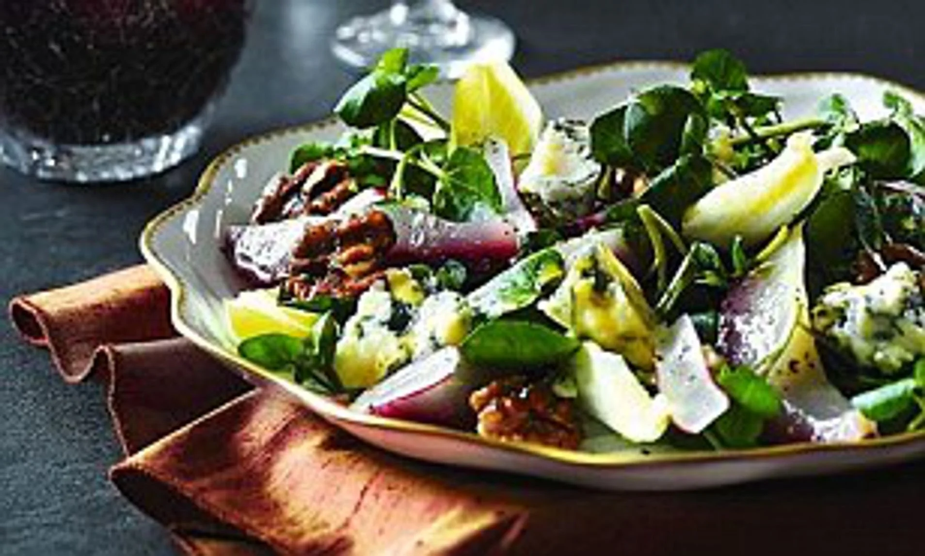 Poached Pear Salad with Market Greens, Balsamic & Whipped Burrata