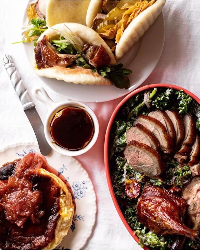 Our weekend roasted duck menu, playfully plated + captured by @itsjosheats. According to Josh, there is no particular order when enjoying this menu. Starting with dessert first is a PERFECTLY good idea because why not 🤷🏻&zwj;♀️ and we know our basq