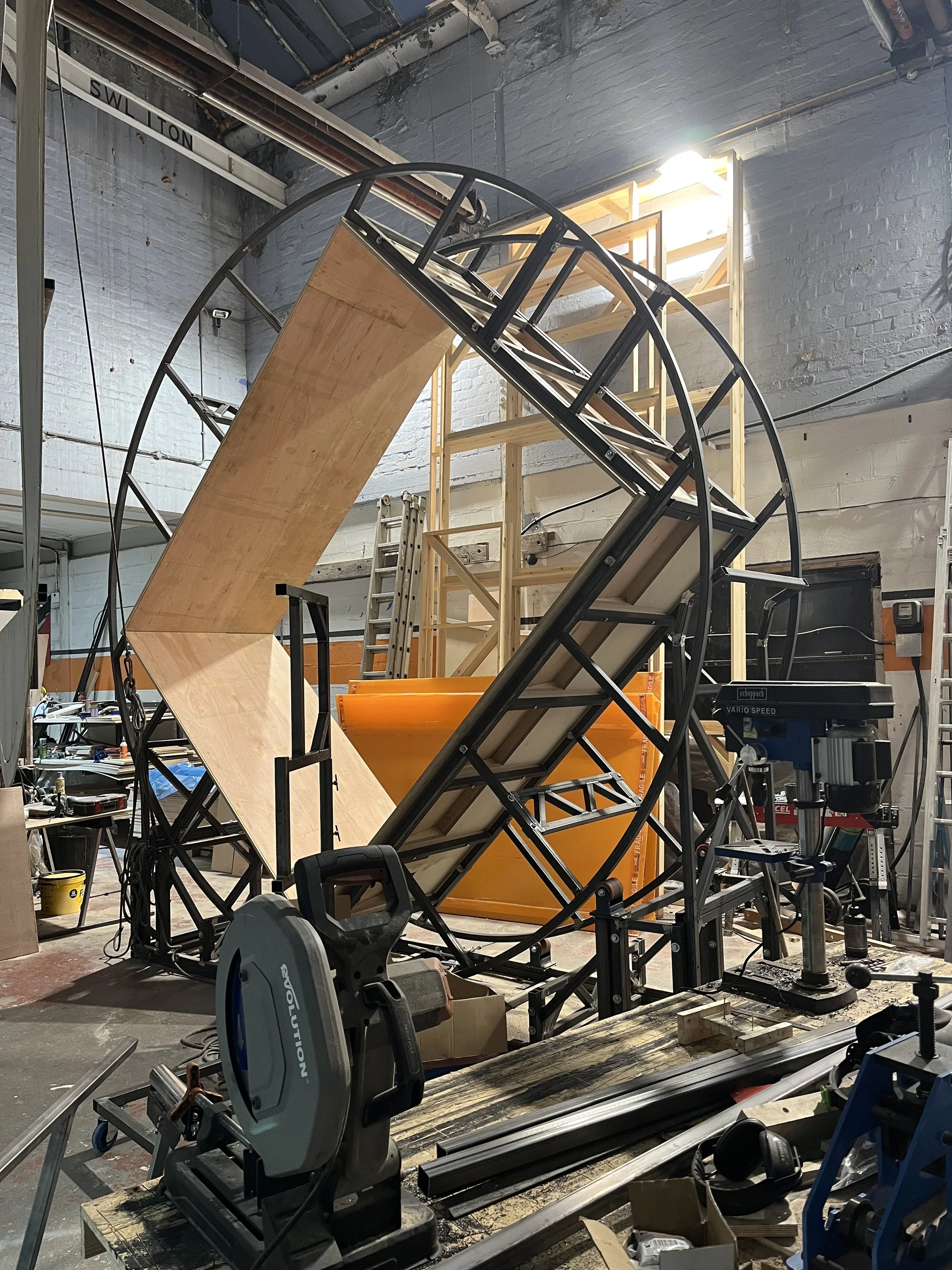 A rather unique giant hamster wheel for the stage show Girl on a train, part of my theatre set building services