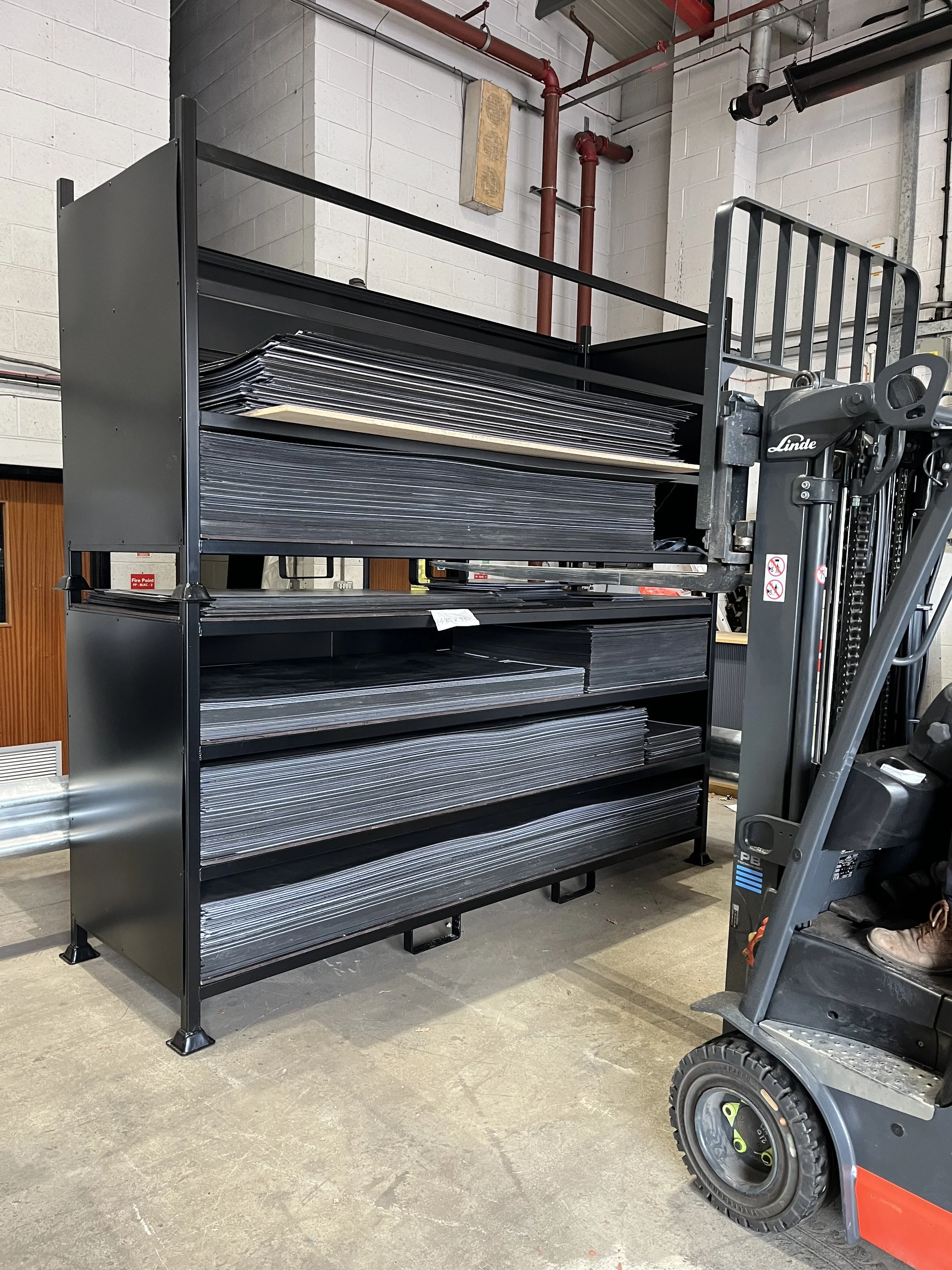 Example of custom shelf stillages for exhibition shell scheme components