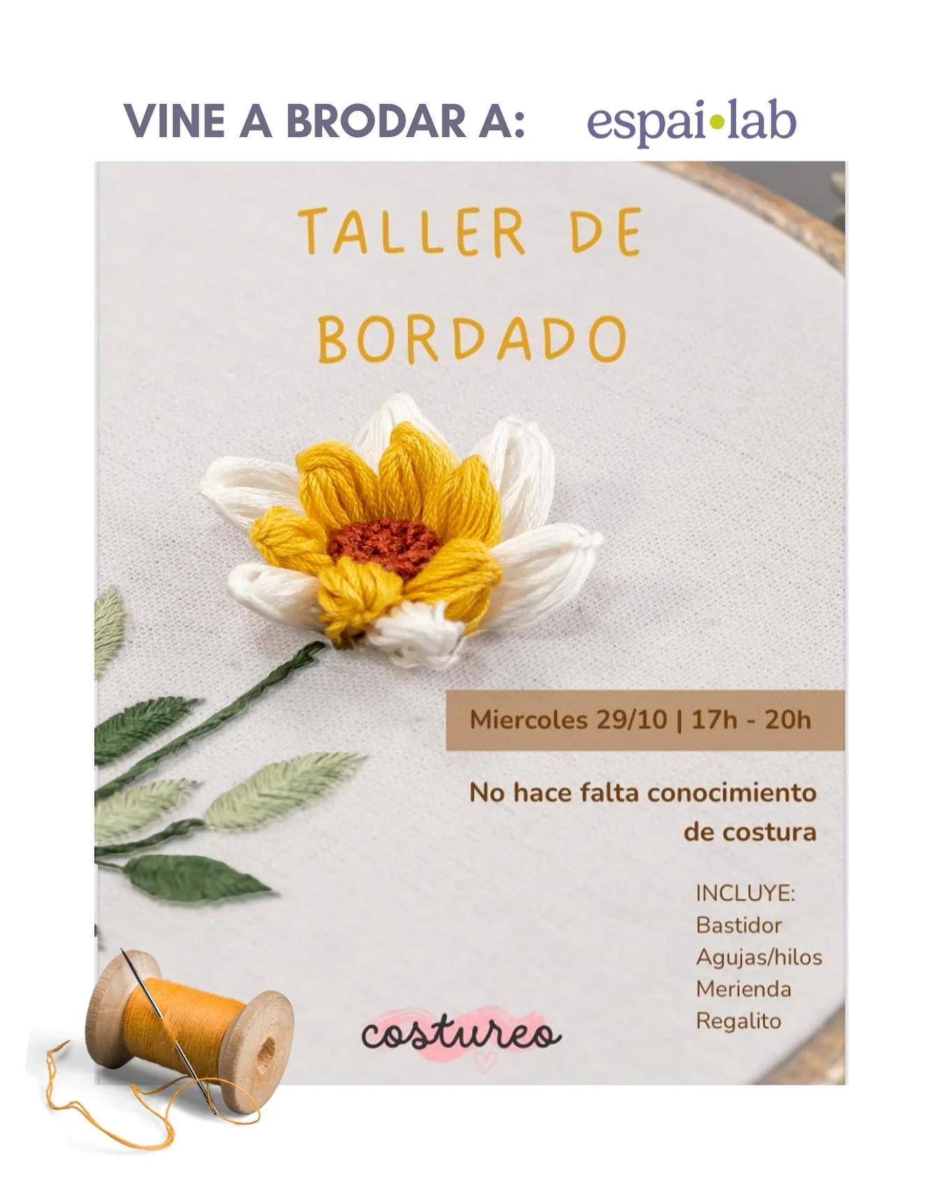 Vine a Brodar Flors Art&iacute;stiques!!

Un nou taller al nostre espai-lab, de la m&agrave; experta de @costureo aprendrem els secrets del brodat art&iacute;stic. Passarem una tarda relaxada, distreta i de desconnexi&oacute;. 

🧵El taller est&agrav