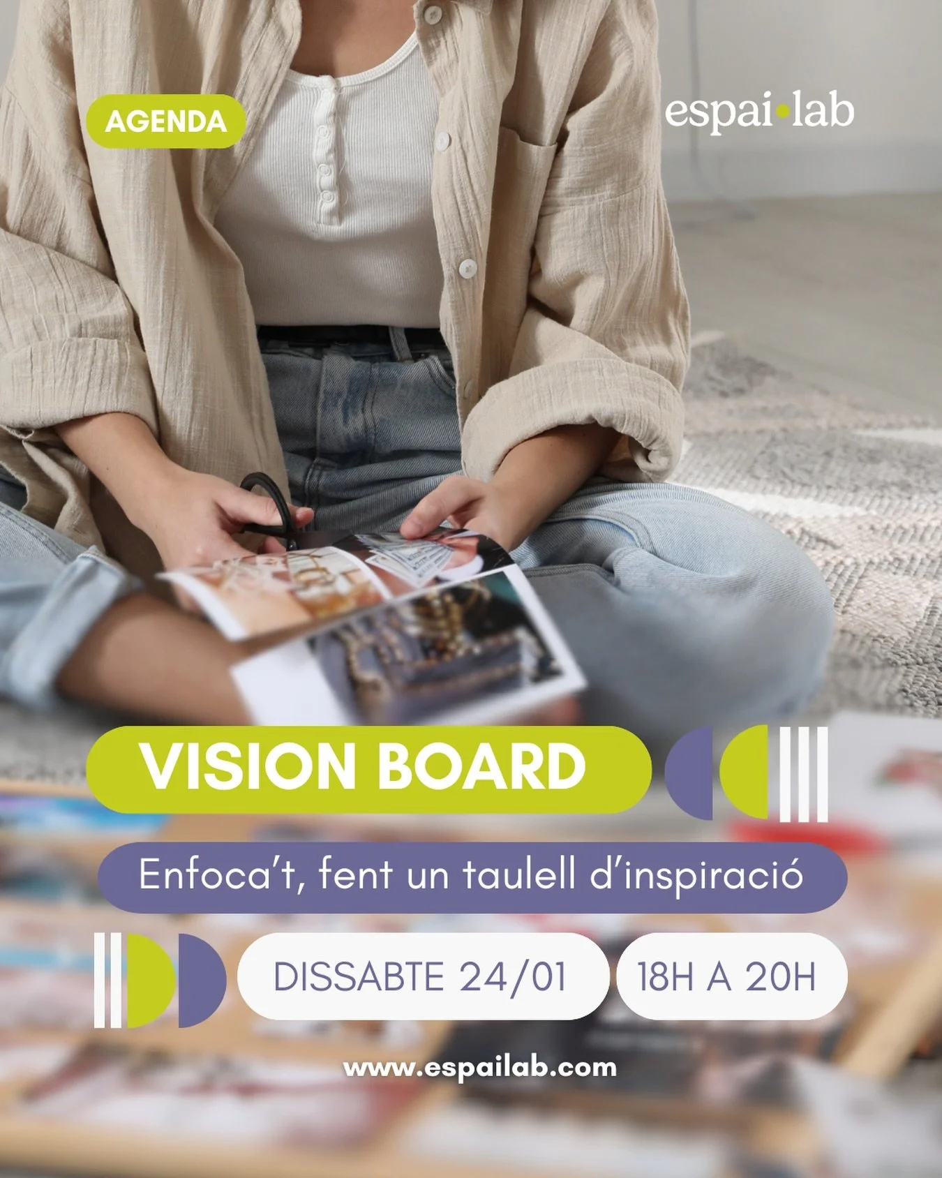 Com va l&rsquo;any? Gener se t&rsquo;est&agrave; fent bola? 
Et proposo un pla que t&rsquo;encantar&agrave;!!

Vine a desconnectar de la rutina, a passar-ho b&eacute;, creant un vision board, amb bona companyia, tot fent un mos. 

El vision board, &e