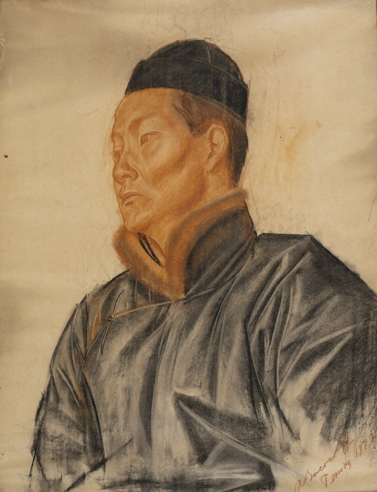 Alexander Yakovlev, Portrait of a Chinese man (study for Loge de Théâtre à Pekin, 1918), 1917. Charcoal and sanguine on paper. 64,5 by 49 cm. Sold.