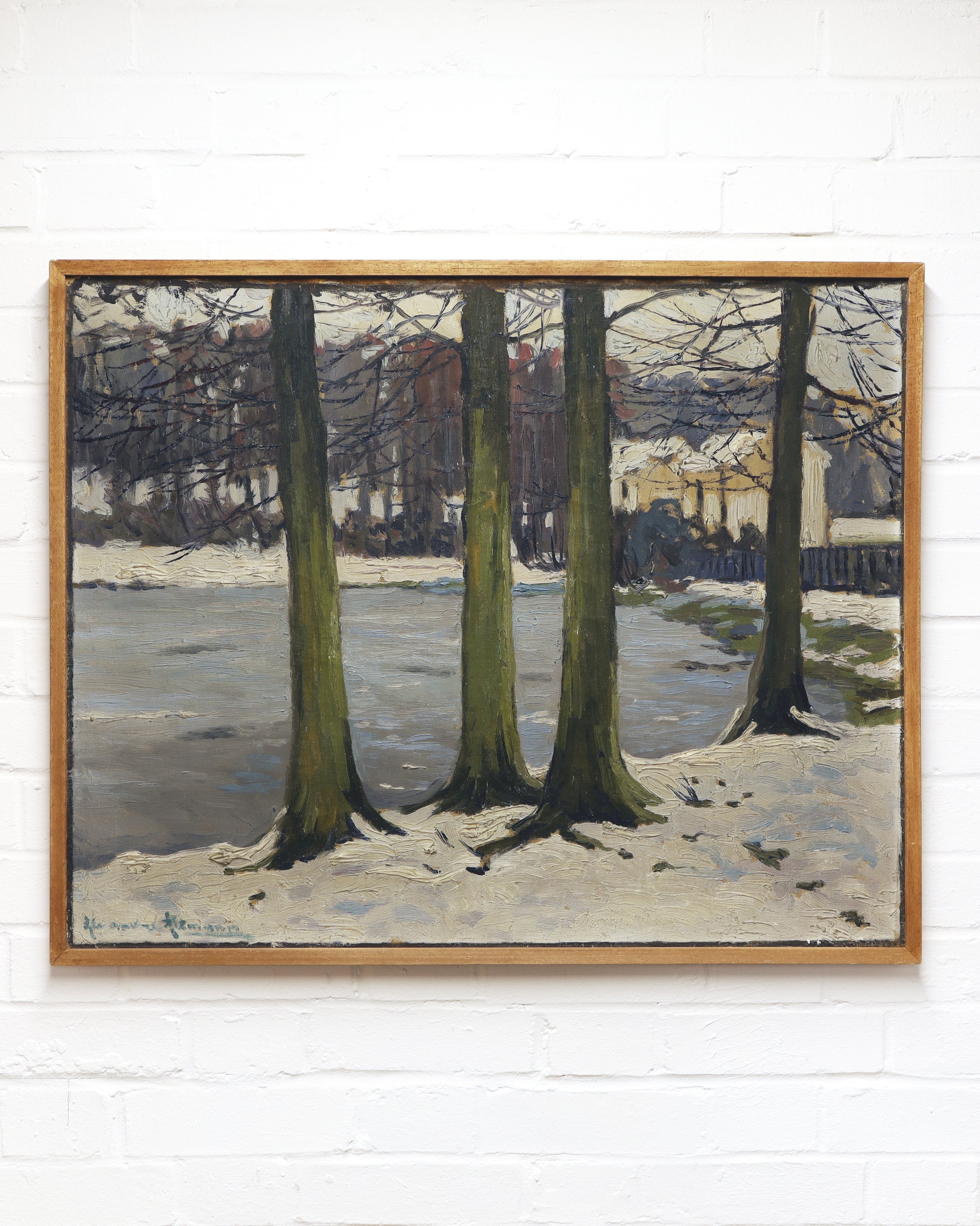 Alexandre Altmann, Trees on the River Bank / Frozen Lake. Image of a framed original painting of trees stood on the snowed under bank of a frozen lake with a yellow contry house in the background