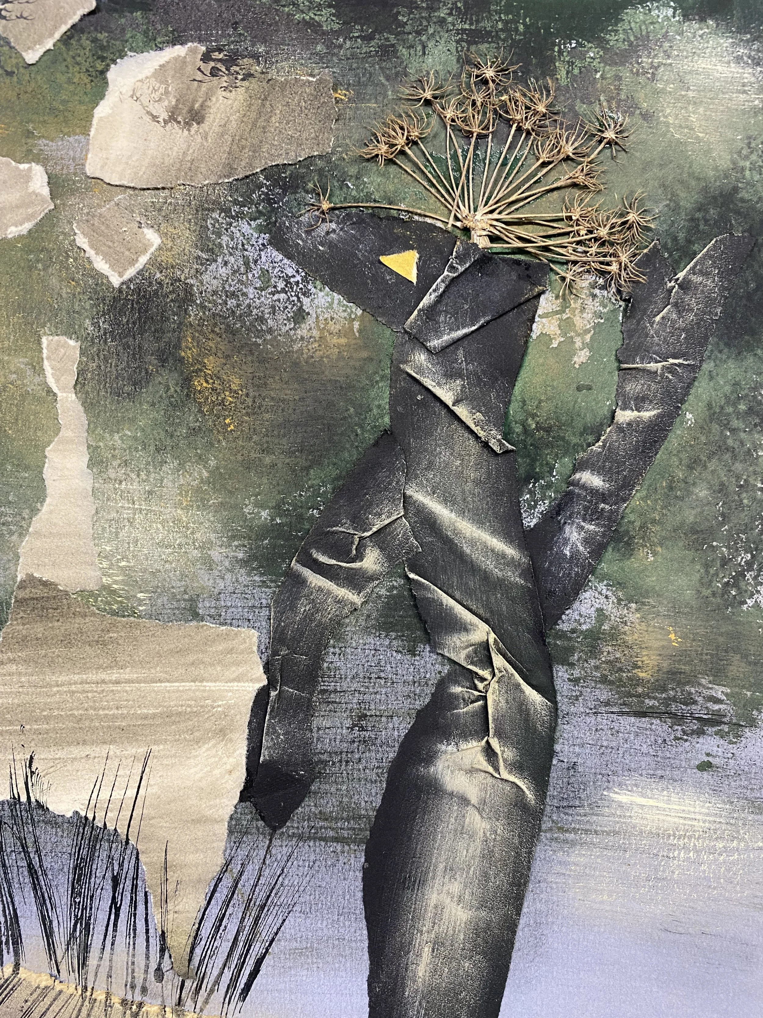 Anna Staritsky, Composition, 1970s. Original collage mixed media artwork by Anna Staritsky. Detail of dried foliage applied to the collage