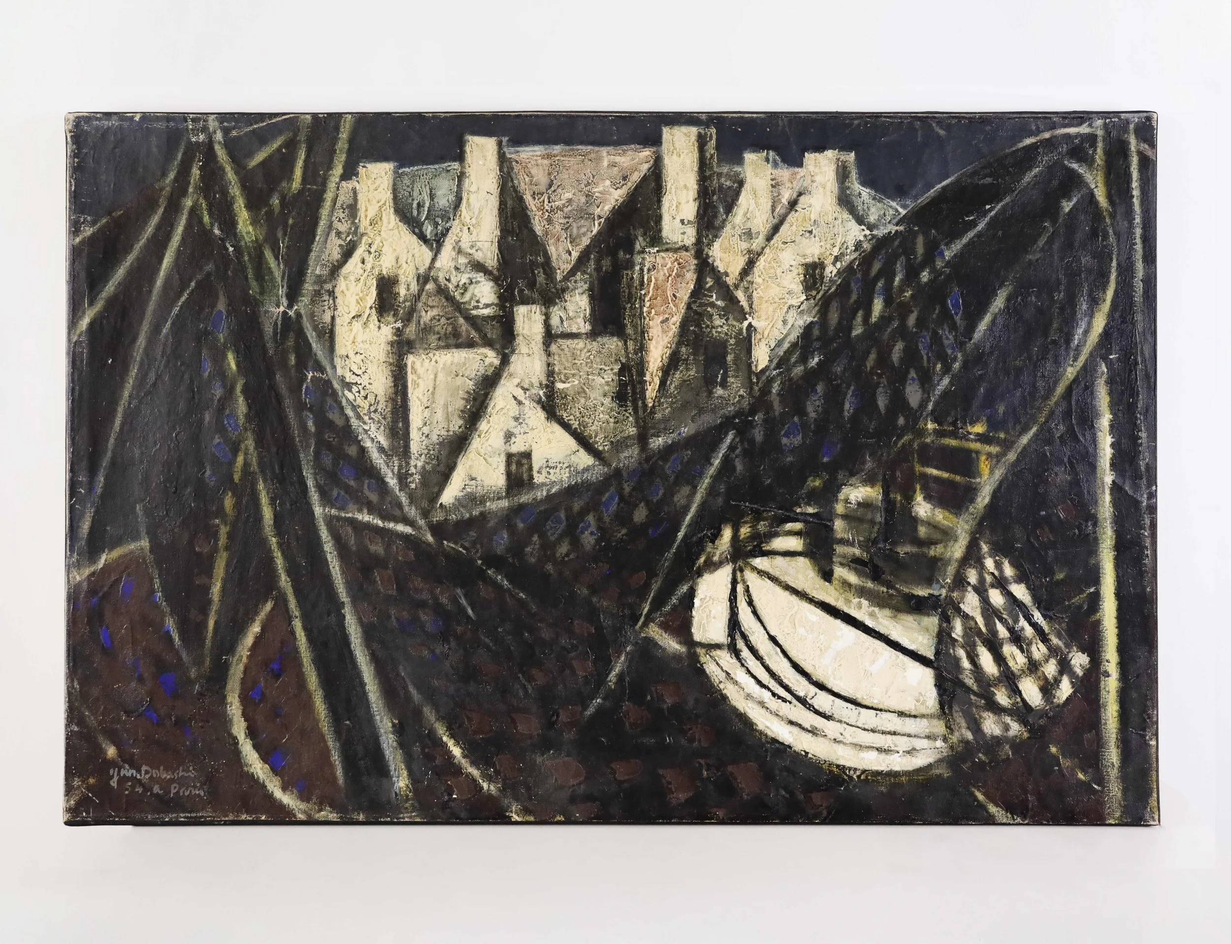 Jun Dobashi - Landscape (1954). Original abstracted landscape on Paris. Oil on canvas painting. 