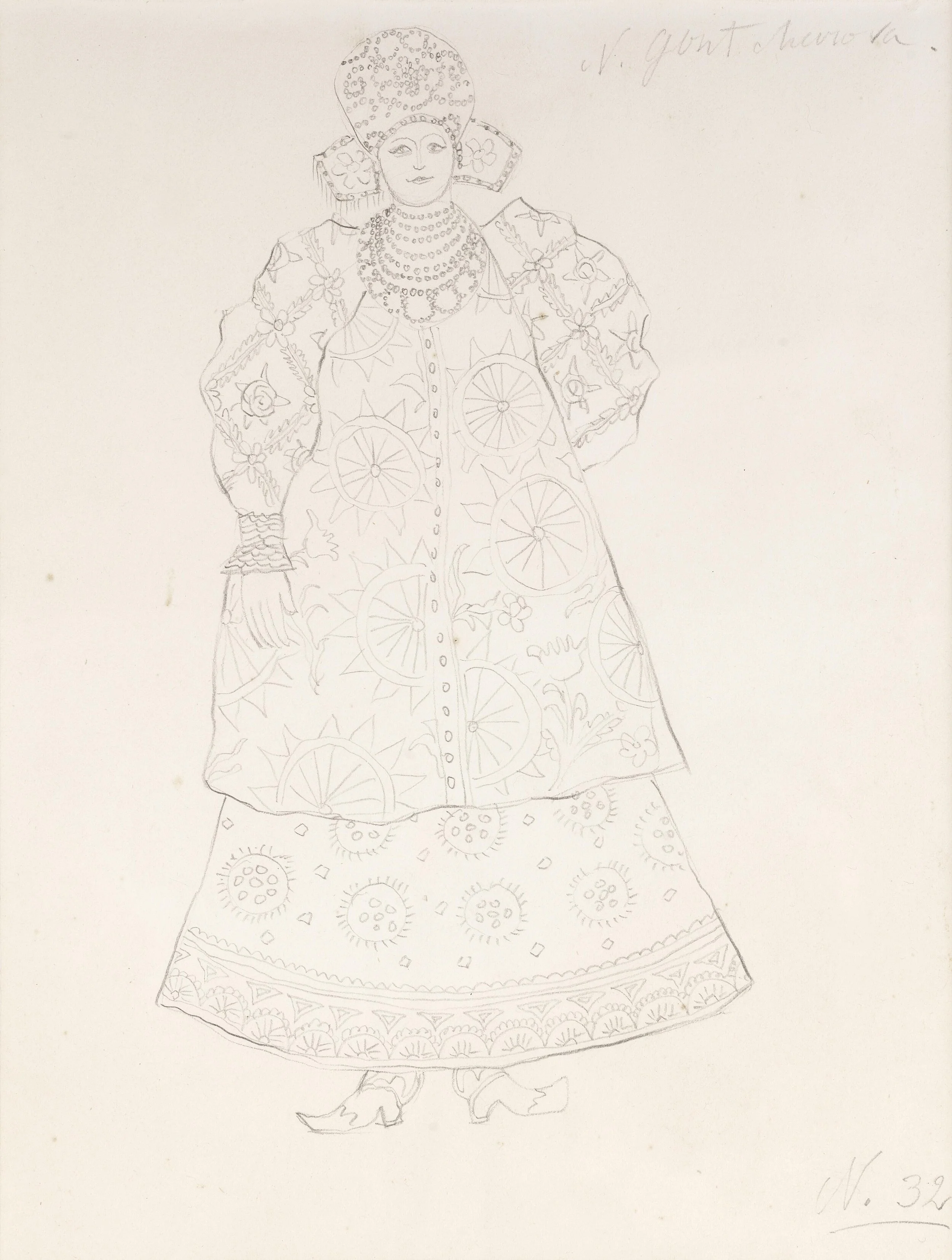 Goncharova Natalia.Peasant Woman (costume design for 1914 Ballets Russes production of Coq d'Or).1914.Graphite pencil, paper.22,6 х 16,5.Signed UR.jpeg