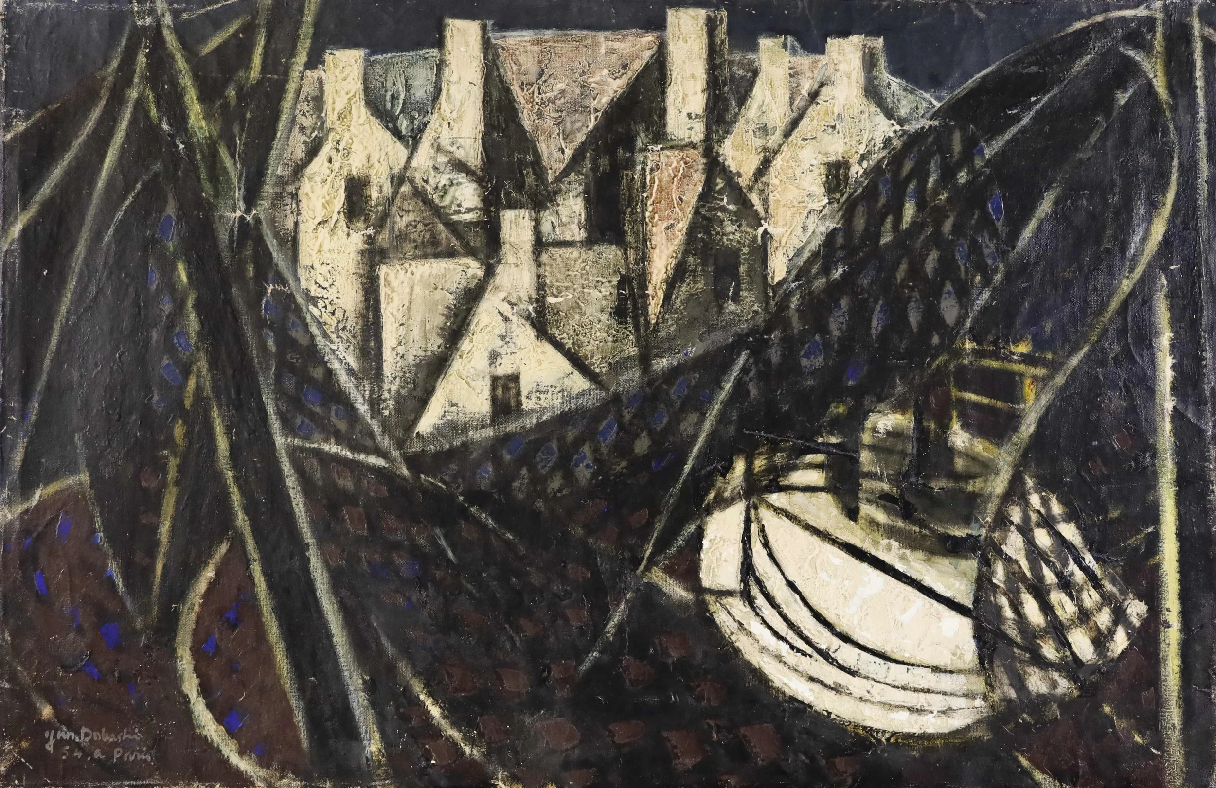 Jun Dobashi - Landscape (1954). Original abstracted landscape on Paris. Oil on canvas painting. 