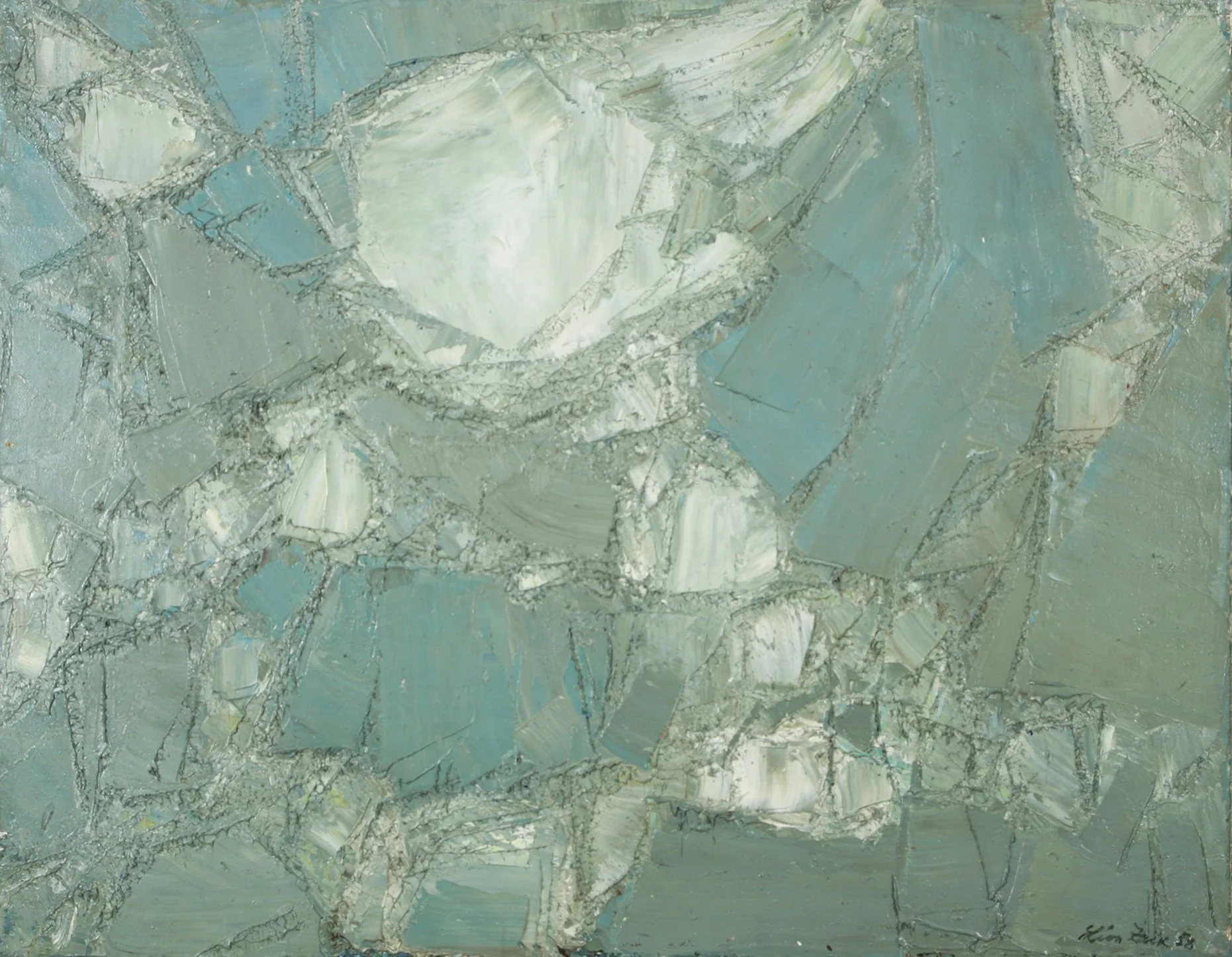 Leon Zack, Composition 1958. Original monochromatic abstarct oil painting in green.