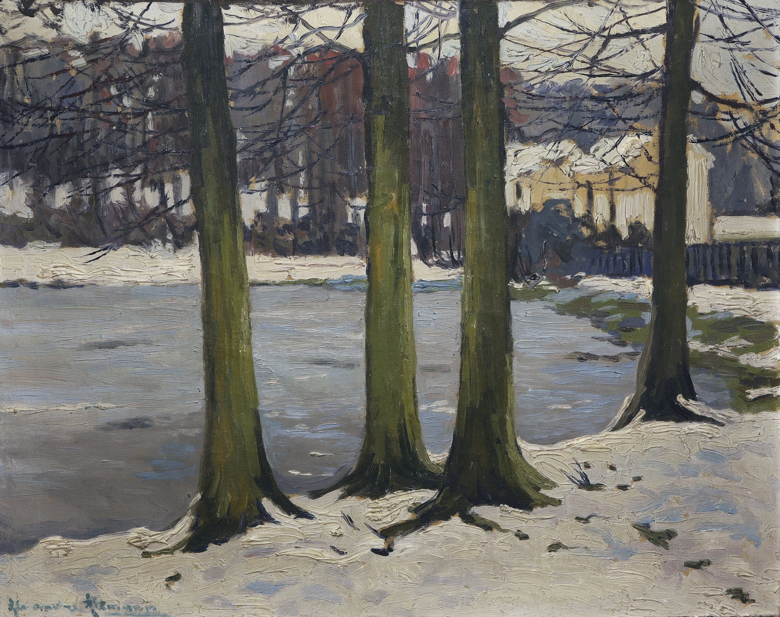 Alexandre Altmann, Trees on the River Bank / Frozen Lake. Image of an original painting of trees stood on the snowed under bank of a frozen lake with a yellow contry house in the background