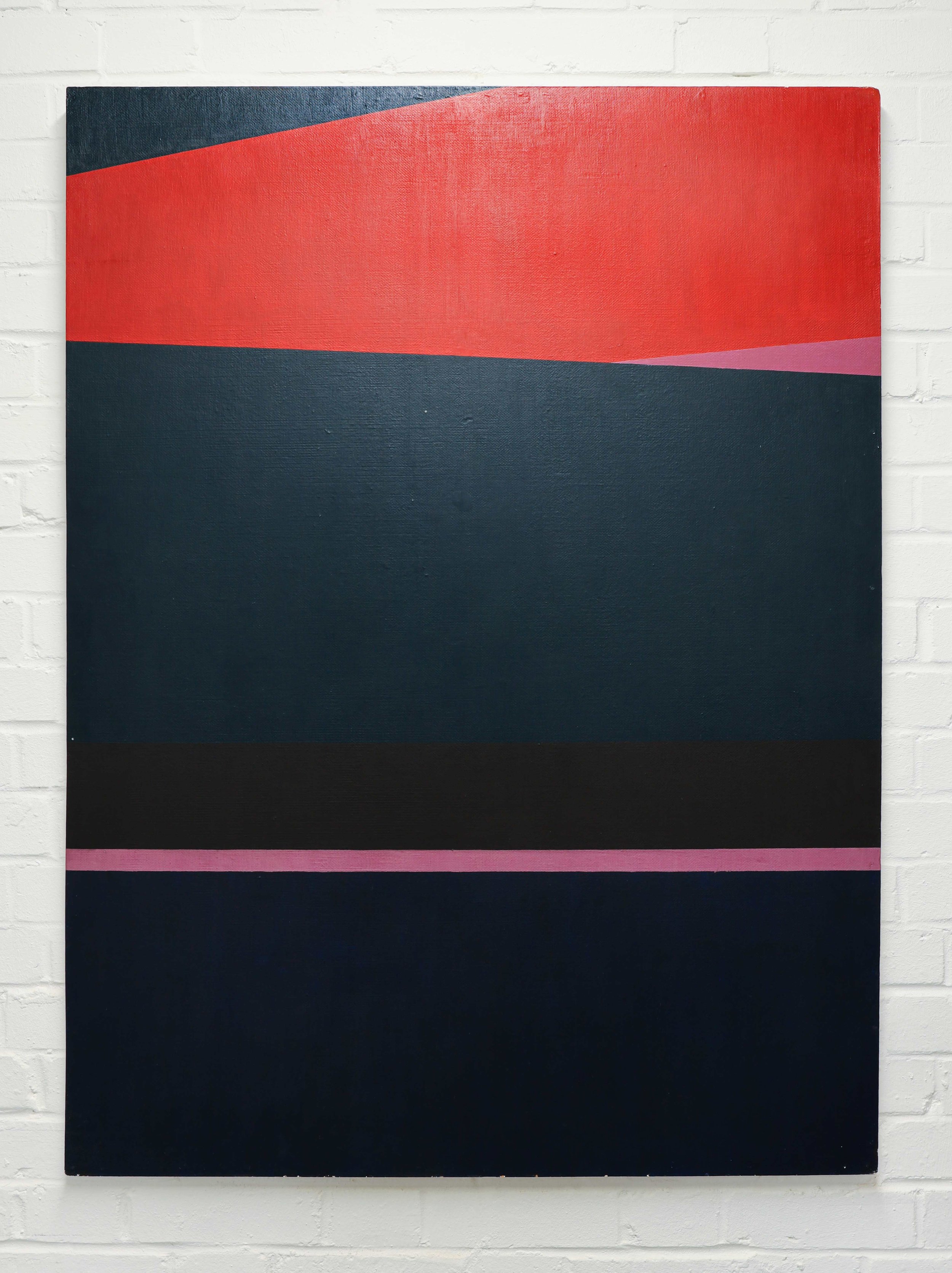 Original abstract painting by English postwar artist Roy Conn with navy, green, red and pink