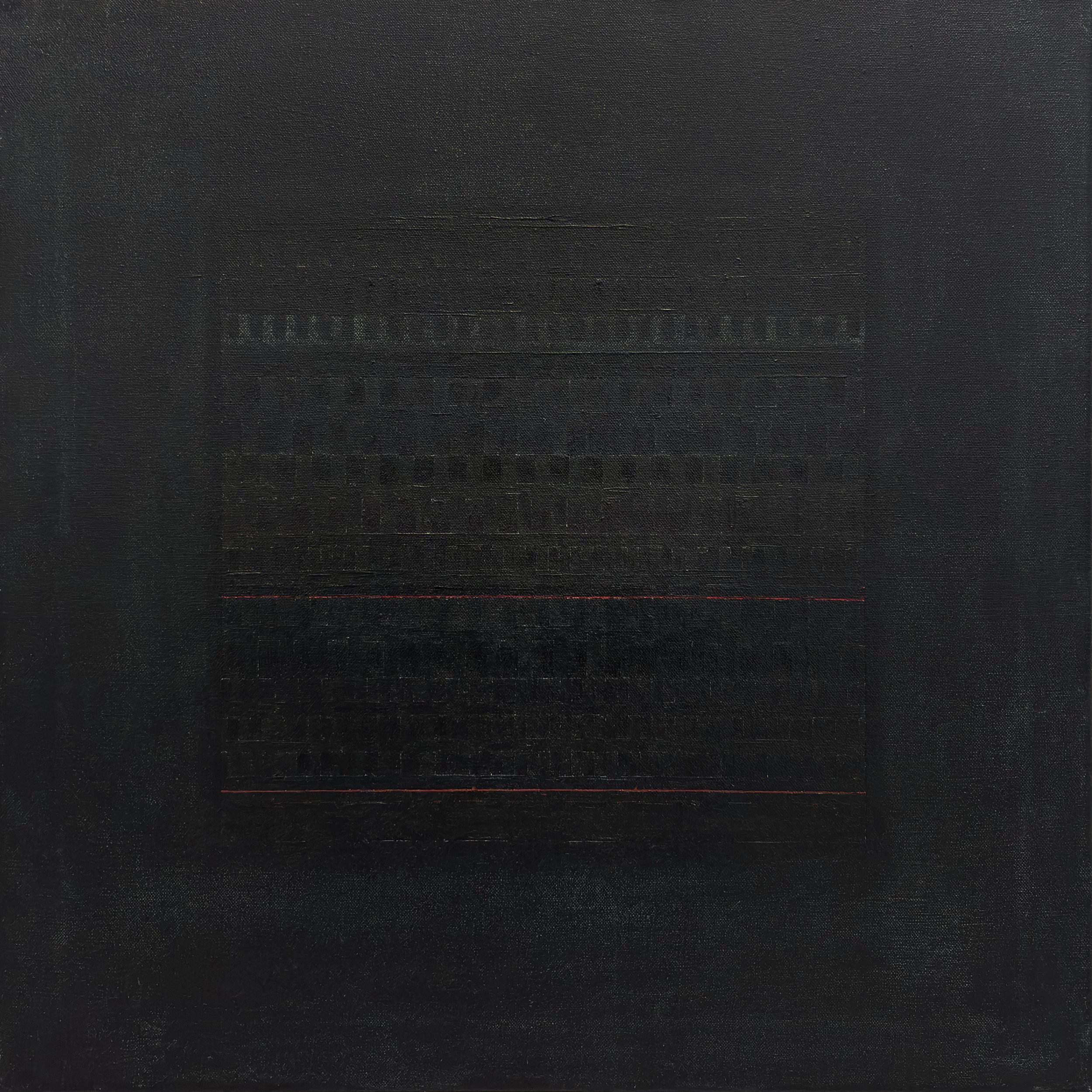 Peter Jackson, Black grid with red lines, c.1970. Oil on canvas, 61 by 61 cm.