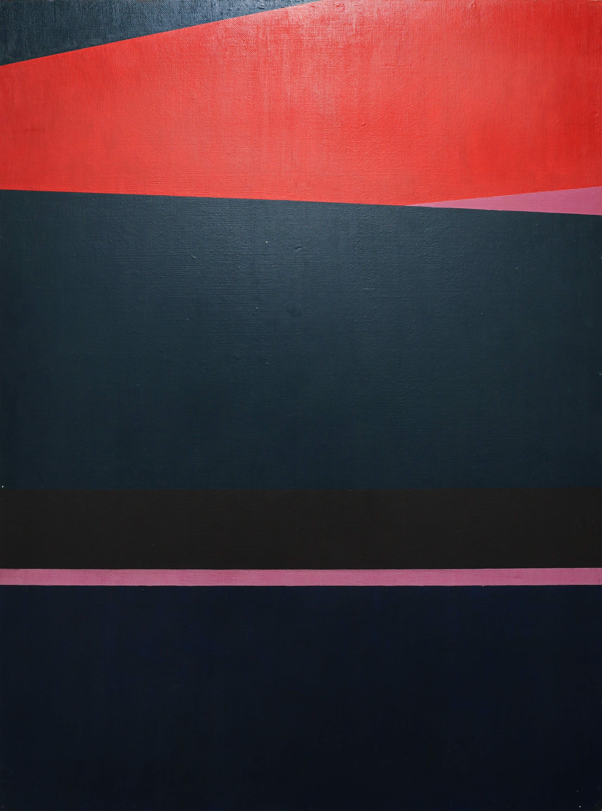 Original abstract painting by English postwar artist Roy Conn with navy, green, red and pink