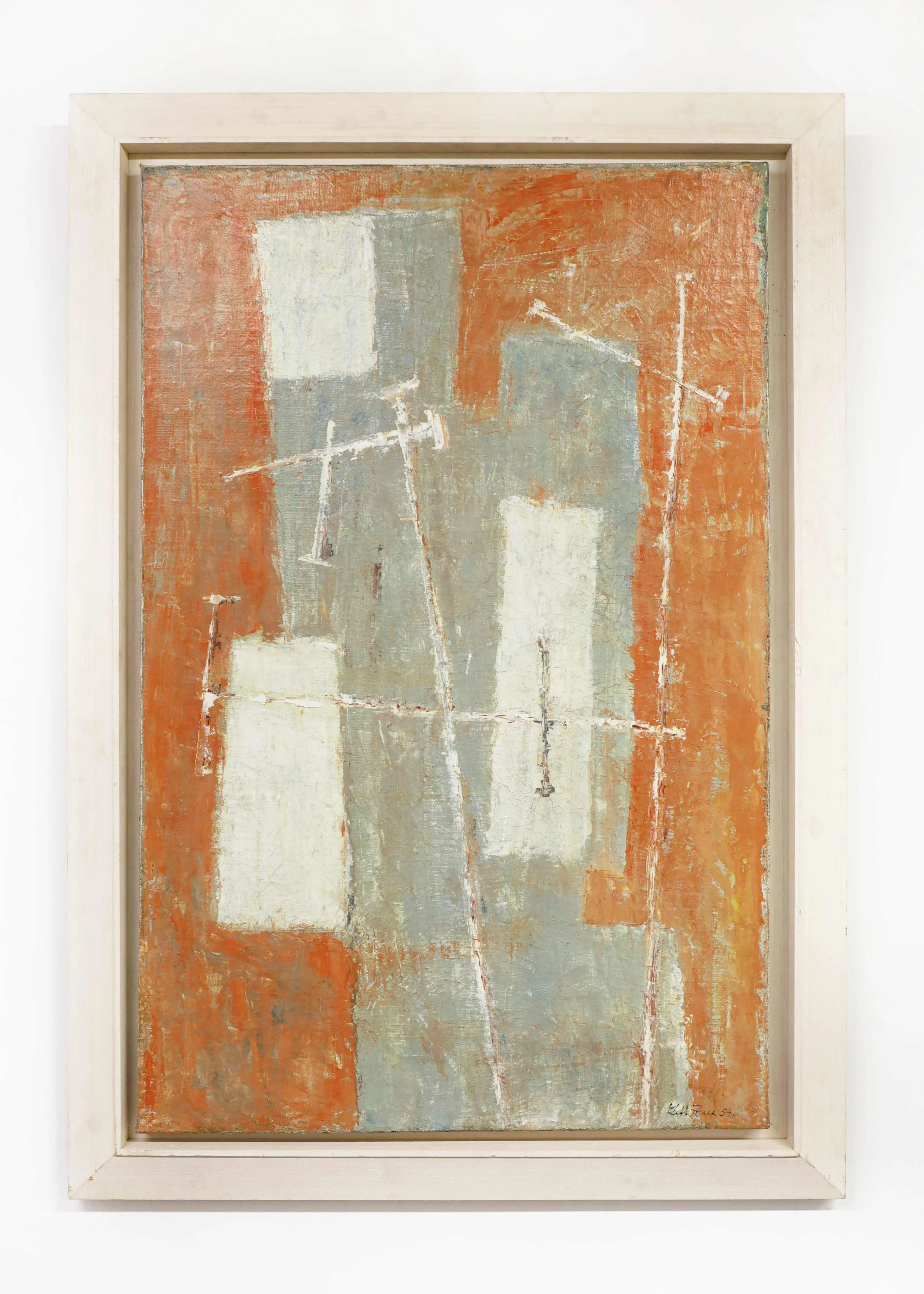 Leon Zack, Composition 1958. Original monochromatic abstarct oil painting in green.