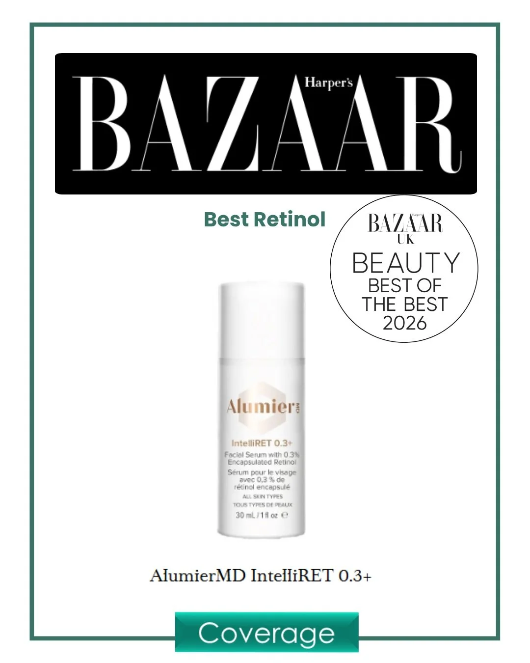 And the winner is... @alumiermd! 🏆

The now multi-award winning IntelliRET 0.3+ has been named Best Retinol by the legendary Best of the Best Beauty List from Harper's Bazaar. 

...

#retinol #skincare #beauty #beautyexperts #beautypr #beautycomms