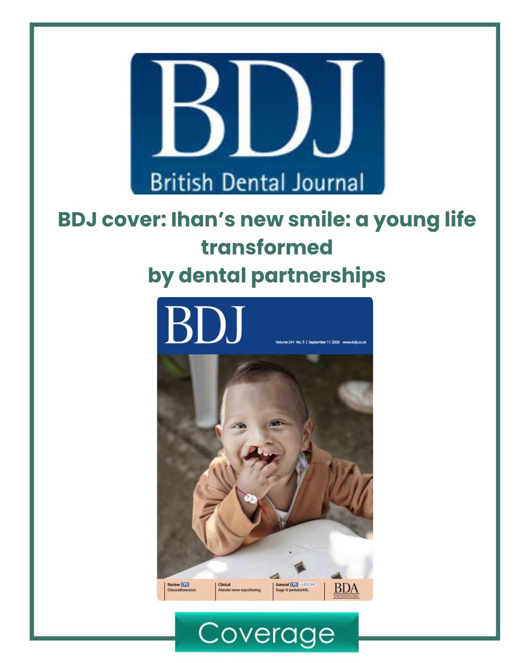 Sometimes all you need is an impactful image. 

We're delighted to have helped @opsmileuk make the British Dental Journal front cover, sharing the tangible impact the dental industry has played in supporting people worldwide with cleft lip and cleft 