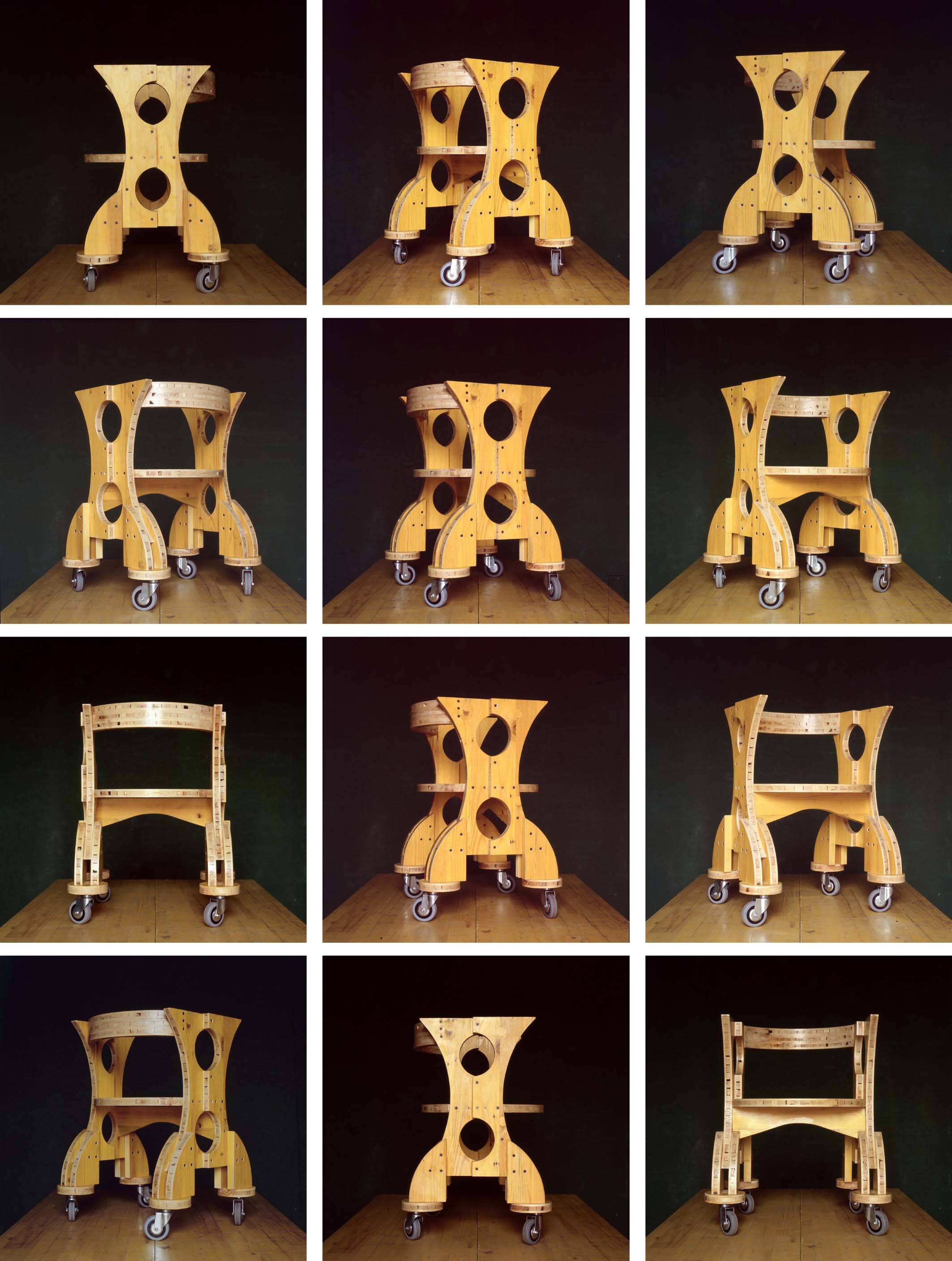 A collage of twelve images showing a wooden children's rolling toy with various configurations, including different shelf arrangements and structural angles.