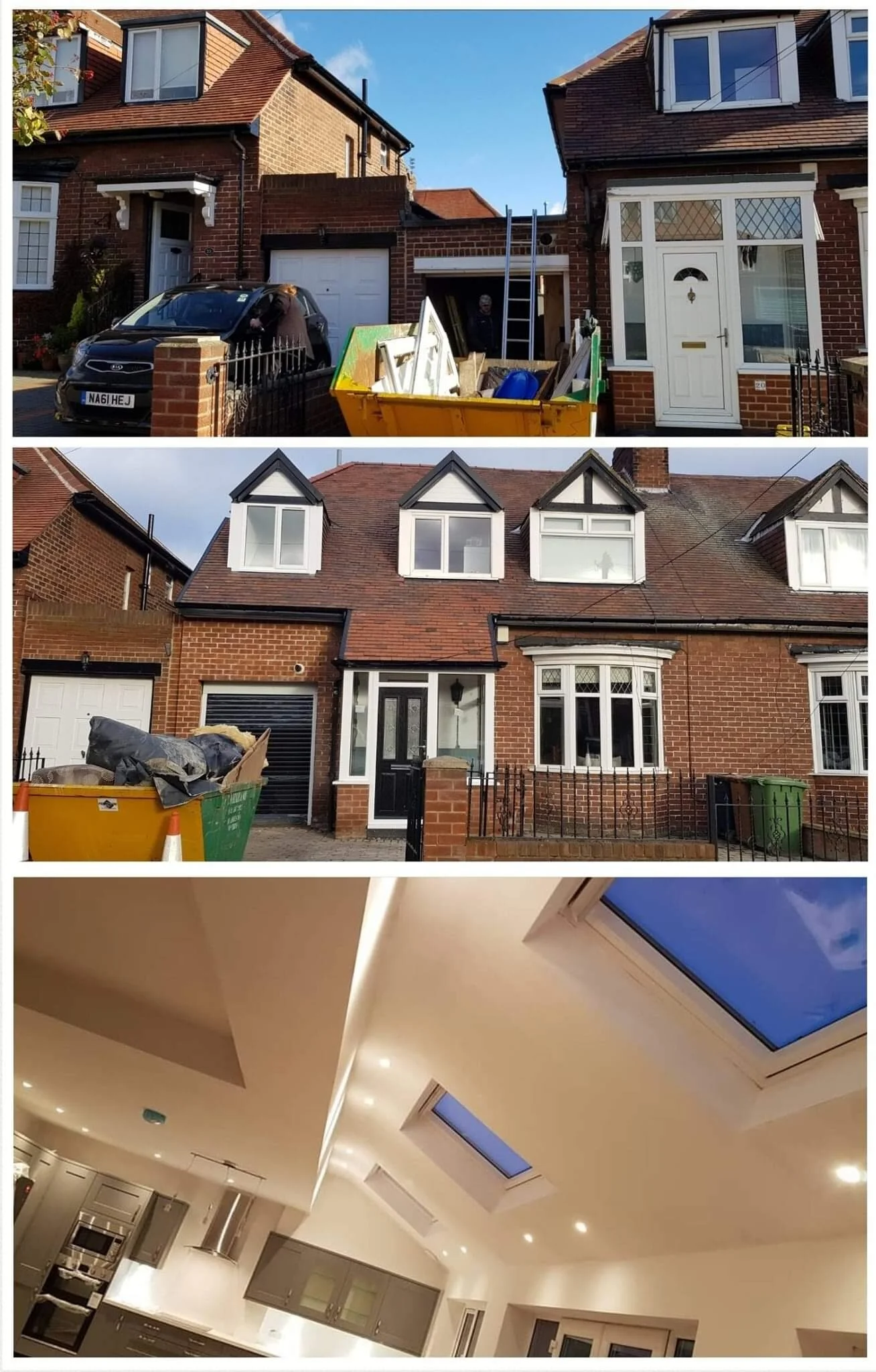 Three images: The first shows a house under renovation with construction materials and workers outside, the second depicts the front view of a brick house with dormer windows and a garage, and the third features an interior kitchen with ceiling skyli