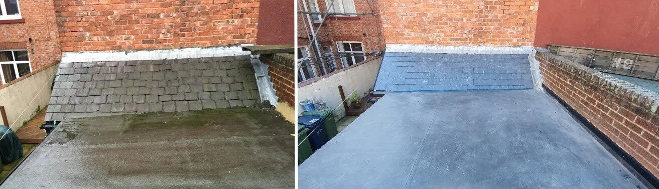 Comparison of a roof before and after cleaning and renovation. Left side shows the roof with moss, dirt, and worn shingles. Right side shows the same roof cleaned and resurfaced with new blue roof tiles.