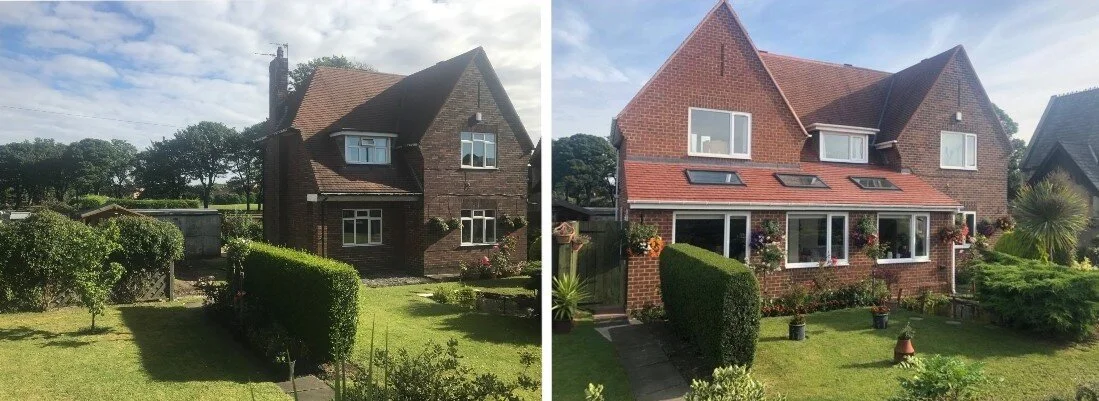 Side-by-side comparison of a house before and after renovation. Left side shows an older, darker brick house with a sloped roof, surrounded by a garden. Right side shows the renovated house with brighter, red brick, an extended sunroom with large win