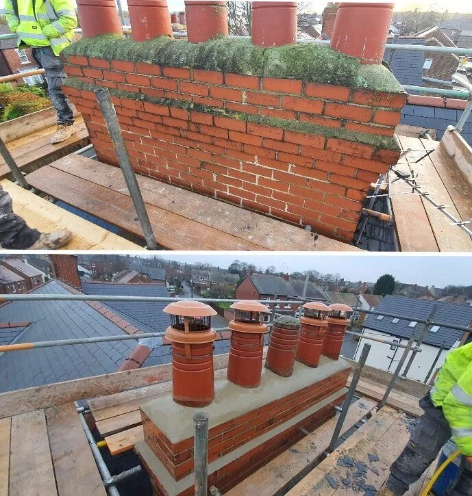 Two views of a brick chimney on a roof under construction, showing scaffolding and workers, with one view highlighting the chimney's top with chimney pots and the other view showing the entire chimney structure.