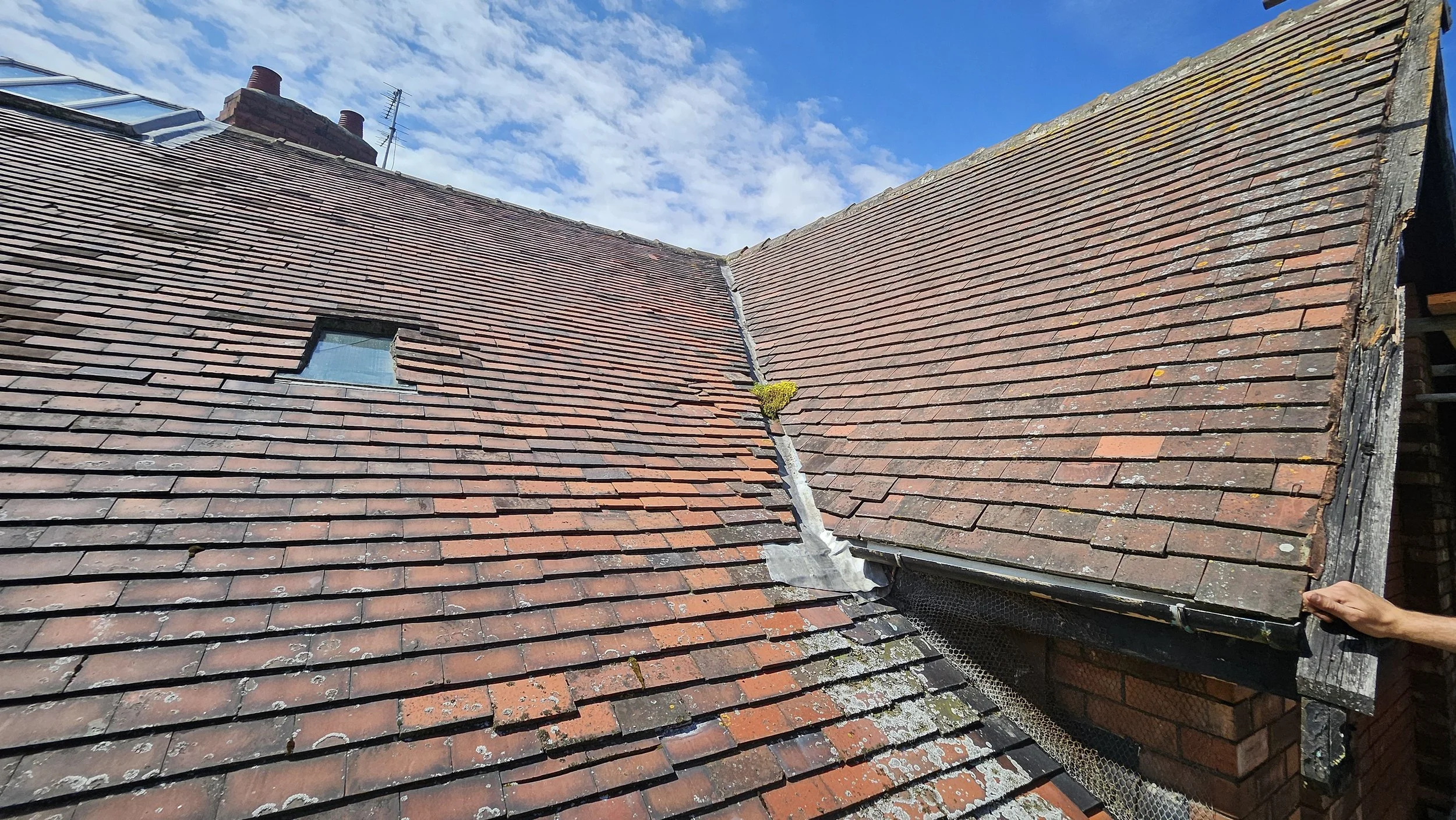 Close-up of a roof with reddish-brown shingles, showing two skylights, with one having a small cloud of moss, and a person holding onto the edge on the right side. The sky is blue with some clouds.