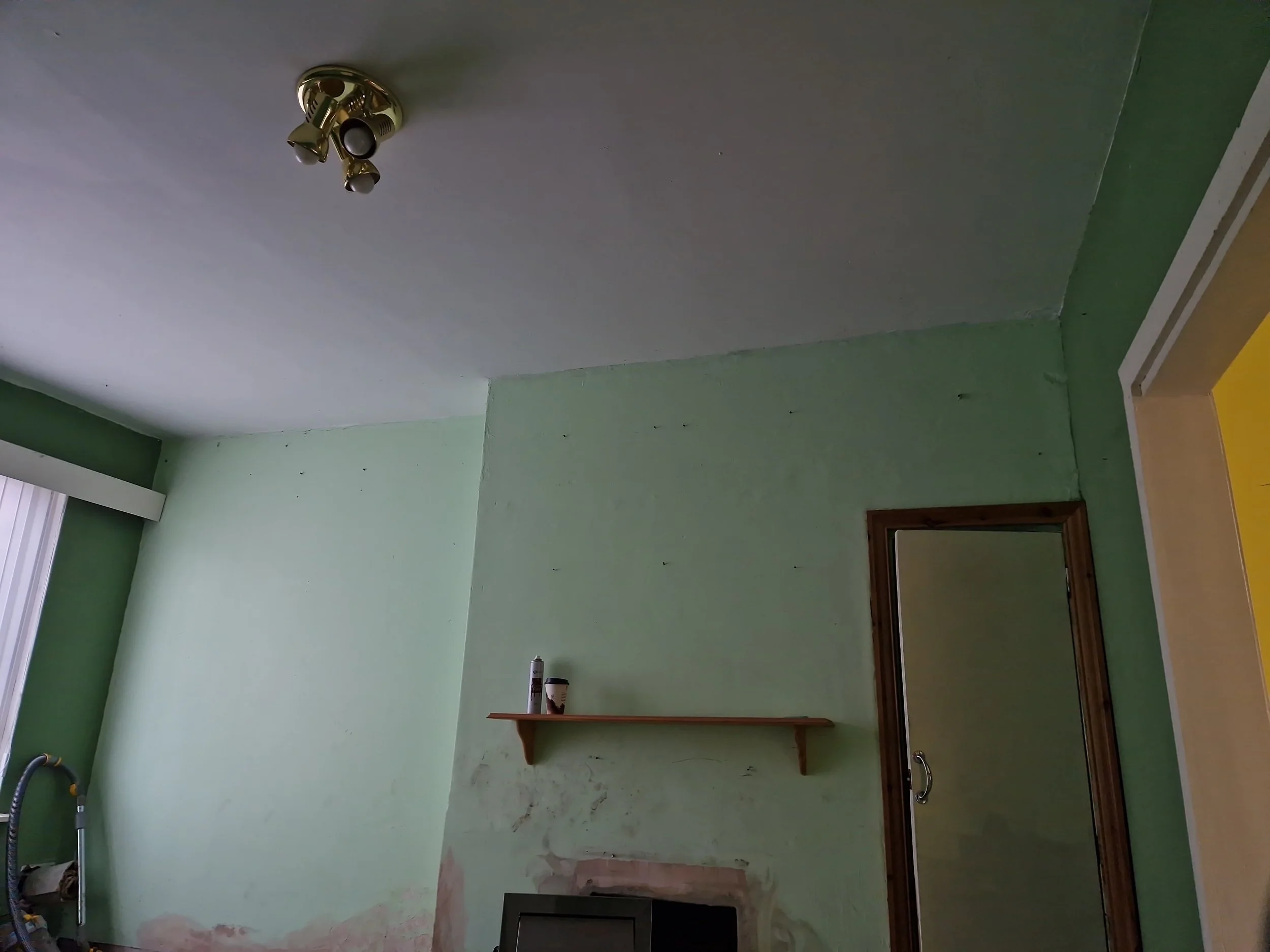 Interior of a room with green walls, a ceiling light fixture, a wooden shelf with items near a door with a mirror, a window with vertical blinds, and a television at the bottom of the image.