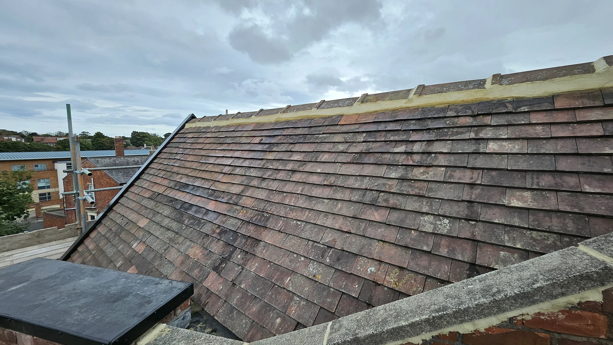 View of a sloped tiled roof with weathered red and brown tiles under a cloudy sky, with parts of neighboring buildings and trees visible in the background.