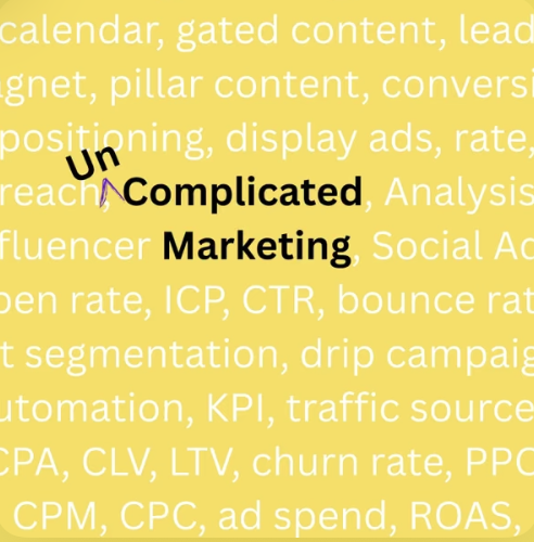 Close-up of yellow background with white and black text related to marketing and analytics, including the words ''Un Complicated Marketing''.