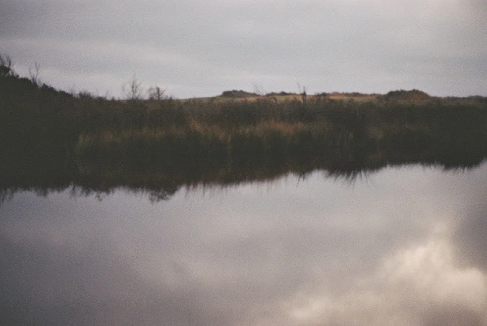 A soft photograph of an impressionist-painting-like landscape with a cloudy sky, marshy grass, and its reflection in a body of water.