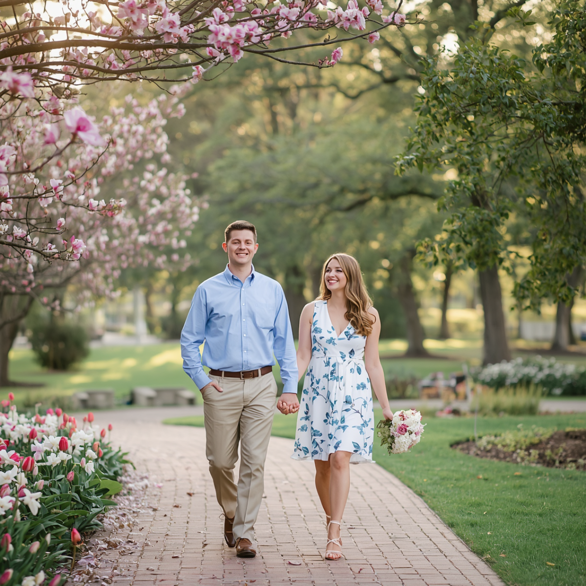 Engaged couple walking through a Cincinnati park for engagement photos & a romantic date night stroll