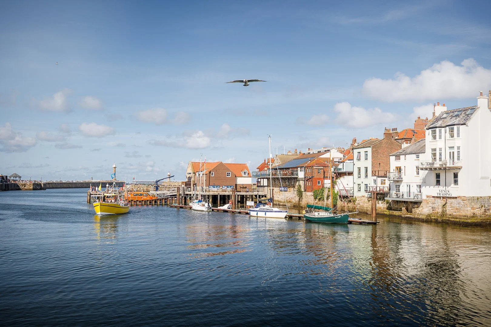 A seagull flies above Whitby harbour as a yellow boat comes into port, the white buildings reflecting the bright summer sun causing the photographer to expose using knowledge of the exposure triangle in manual mode on his camera