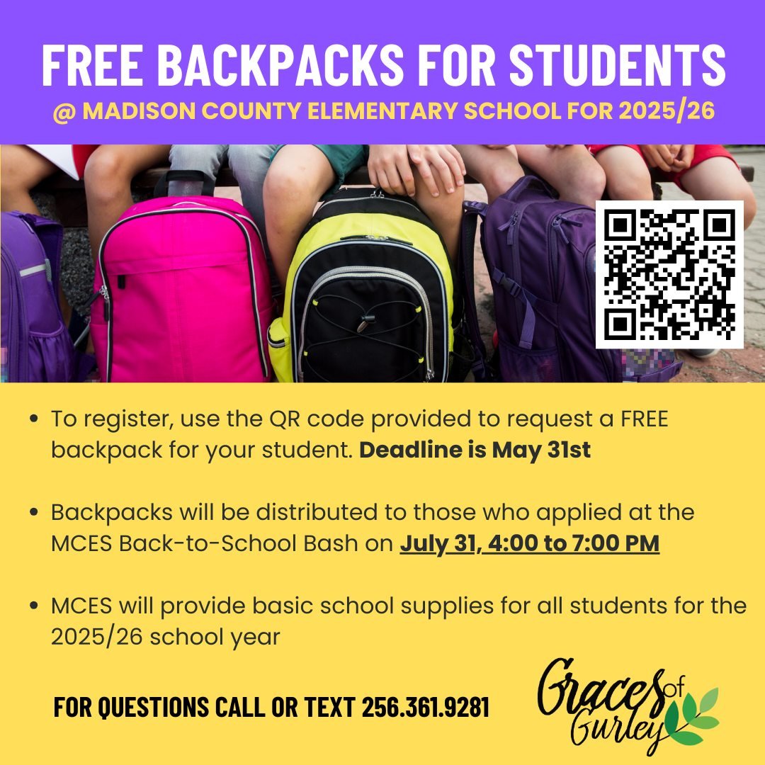Saturday, May 31st is the last day to sign up for a backpack for your Madison County Elementary School Student. These will be handed out to those who requested them at our back-to-school bash on July 31st from 5 to 8PM at MCES. 
https://form.jotform.