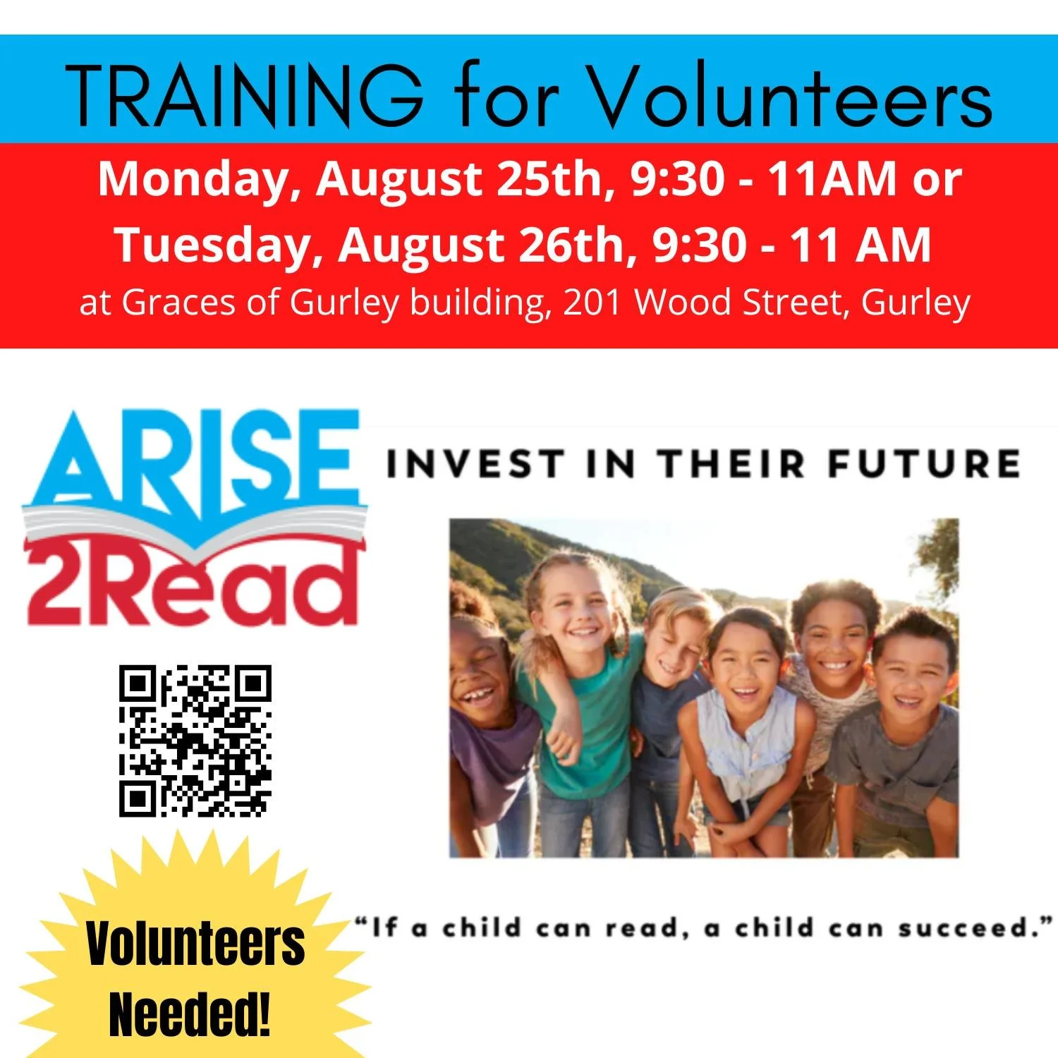 Want to make a difference in just 25 minutes a week? 📚
Join the ARISE2Read team and help a 2nd grader become a stronger reader!
Qualifications to Volunteer:
✔️ You can read
✔️ You care about kids
✔️ You can pass a background check
✔️ You&rsquo;re av