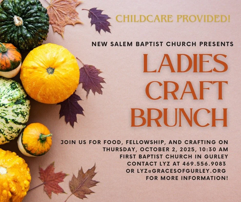 ✨ One week from today! ✨ Ladies, you&rsquo;re in for a special treat! 💐
📅 Wednesday, October 2nd
🕥 10:30 AM
📍 First Baptist Church, Gurley (175 Joplin Street)
New Salem Baptist Church is hosting our Ladies Craft Brunch, and we&rsquo;d love for yo