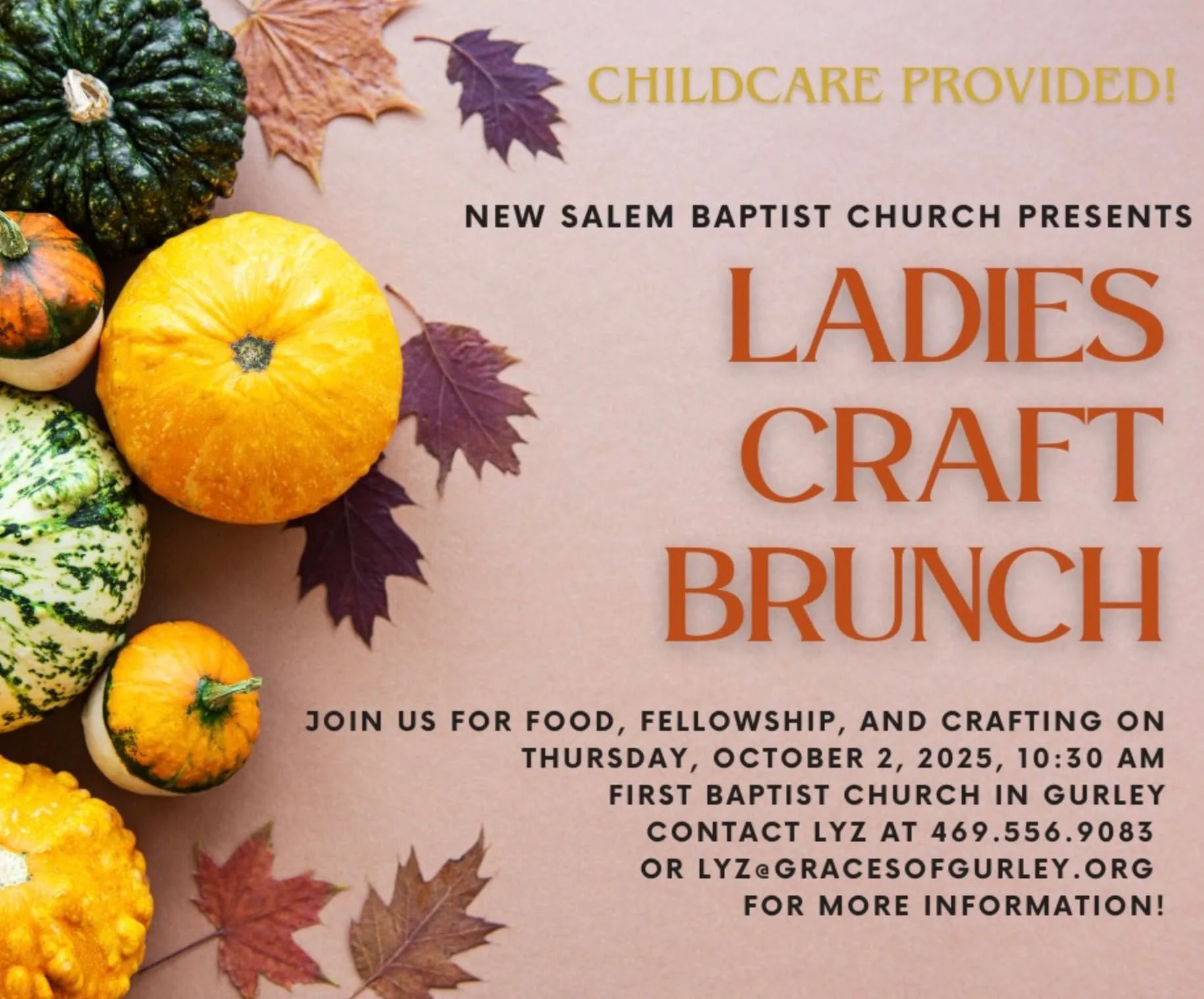Don't forget to attend our Ladies Craft Brunch, hosted by New Salem Baptist Church and held at First Baptist Gurley - Thursday, October 2nd at 10:30 AM. They have a great time planned for the ladies of Gurley. We look forward to seeing you!