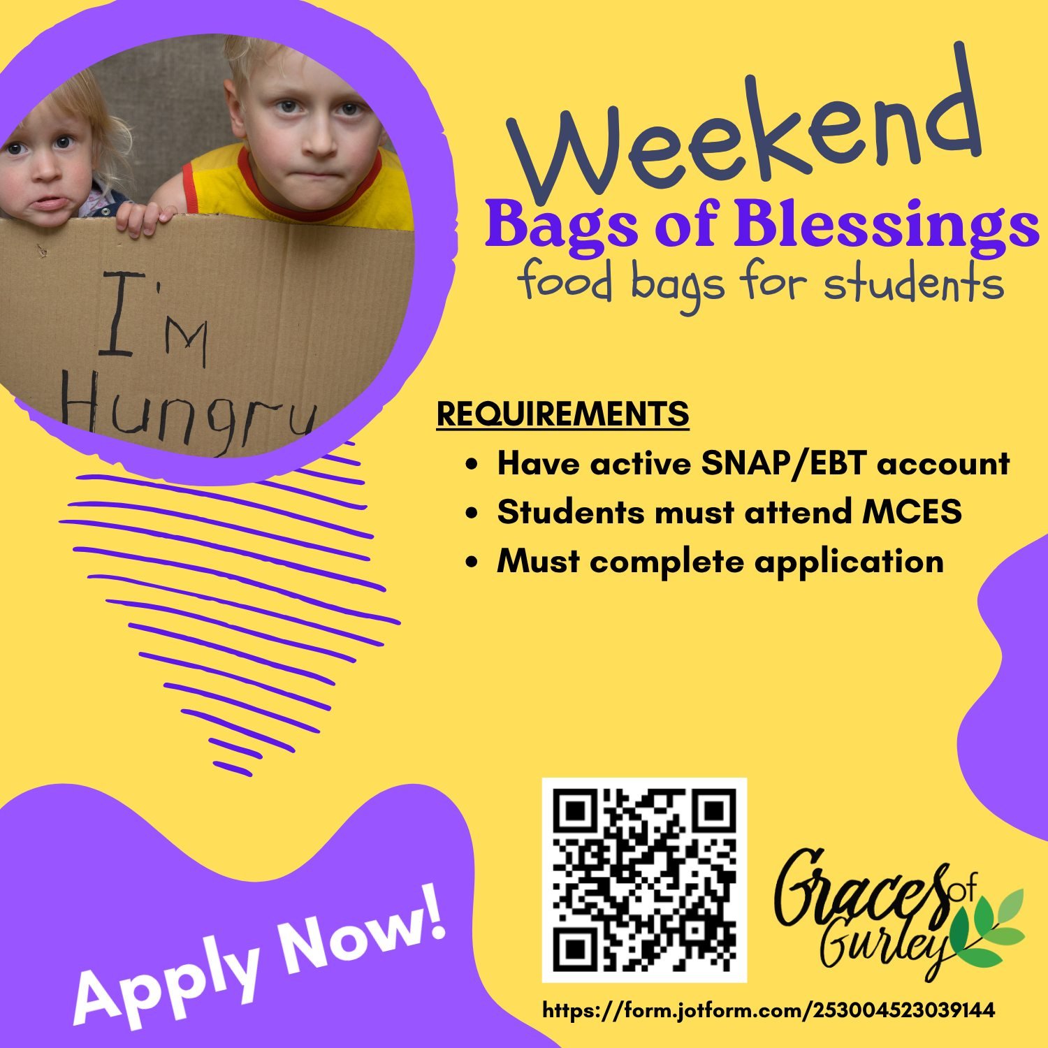 In response to the SNAP suspension, Graces of Gurley is offering help to those effected. Our first priority will be to provide weekend food bags to students. We must receive an application from parents/guardian by Wednesday to send bags home with stu