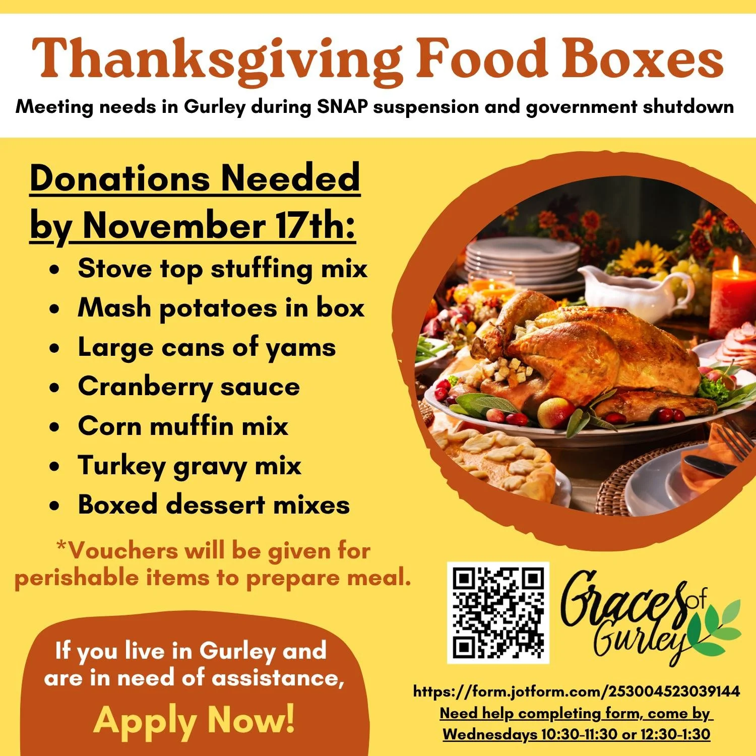 🦃✨ It&rsquo;s almost Thanksgiving &mdash; one of our favorite times to share God&rsquo;s blessings with our neighbors!
We&rsquo;ll be providing Thanksgiving Food Boxes to families who&rsquo;ve applied for assistance, and we&rsquo;d love your help! I