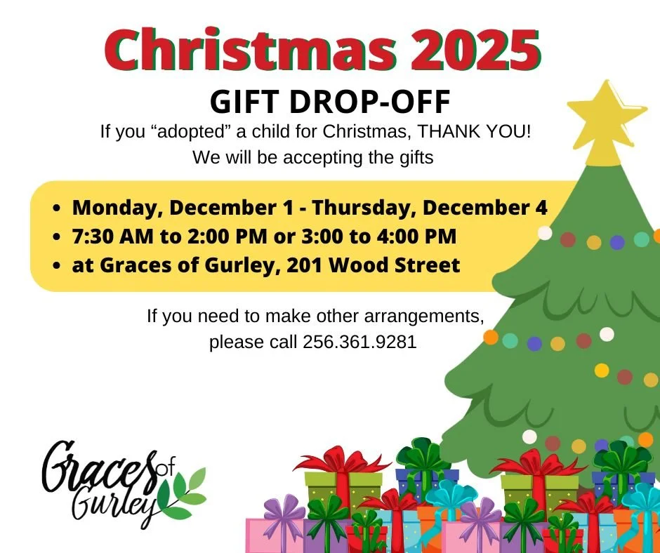 🎁 It&rsquo;s Drop-Off Week!
If you &ldquo;adopted&rdquo; a child for Christmas in Gurley, gifts can be dropped off today through Thursday between:
🕢 7:30 AM &ndash; 2:00 PM
🕒 3:00 &ndash; 4:00 PM
📍 Graces of Gurley &mdash; 201 Wood Street (right 