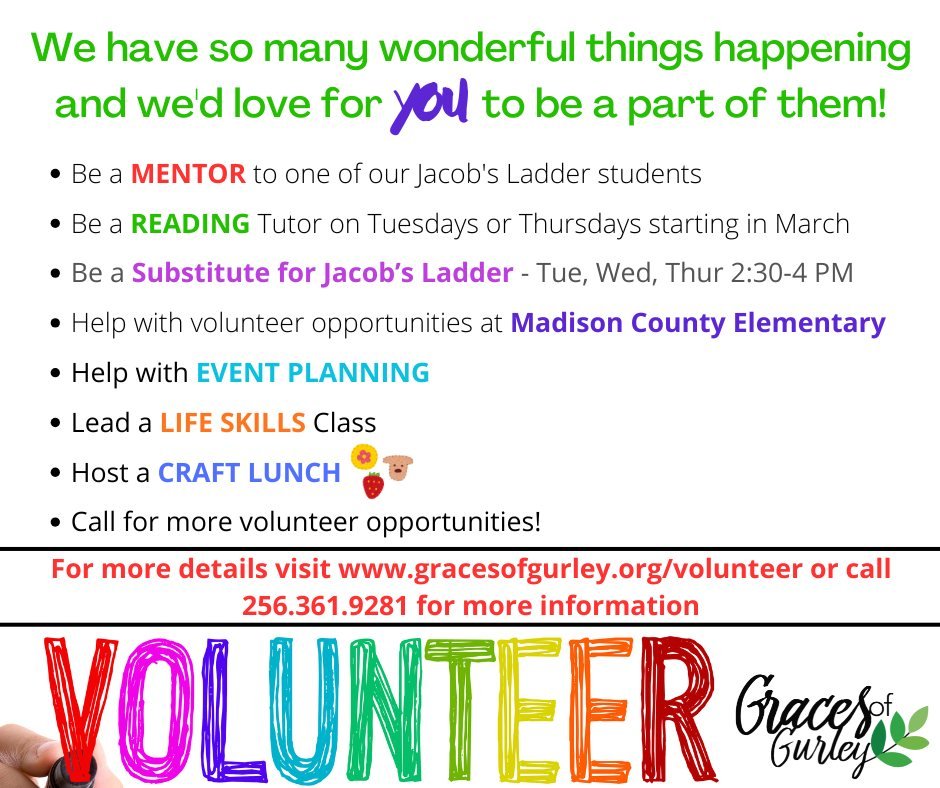 Want to be part of something meaningful?
God is moving in Gurley, and there are many ways to serve. Check out this list of upcoming events and opportunities to get involved through Graces of Gurley as we work together for Kingdom impact.