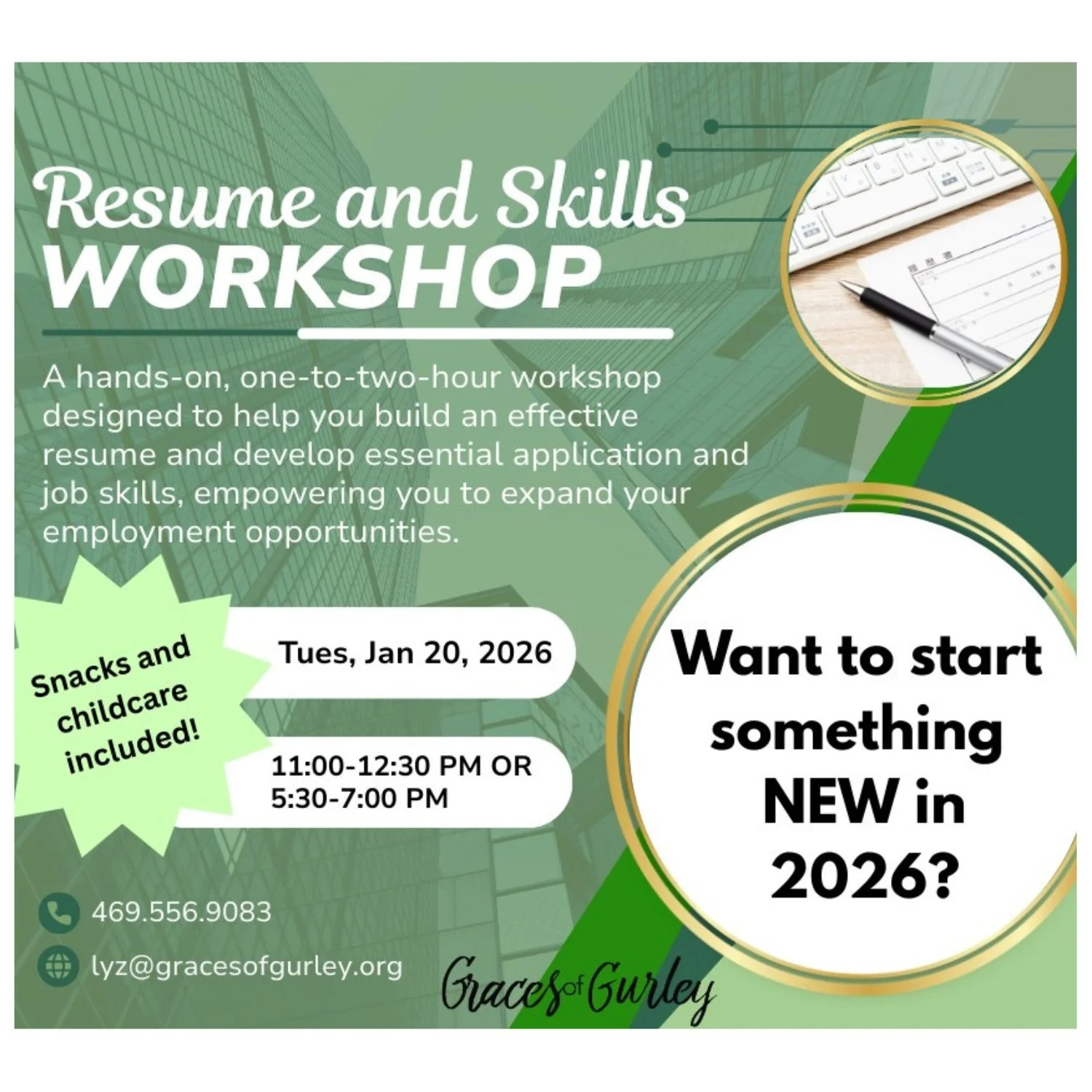 Are you struggling to find employment or not sure how to get started? Let us help you with our Resume and Skills Workshop. TOMORROW, 11 - 12:30 or 5:30 - 7:00 at Graces of Gurley, 201 Wood Street, Gurley. Childcare is included.