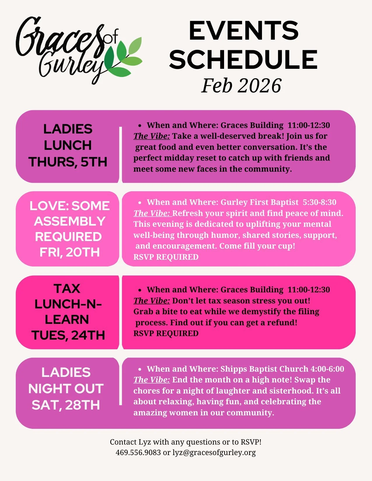 Lots of great things happening this month! Join us for these free events for the Gurley community and come connect, learn, and have some fun together.
We&rsquo;d love to see you there!