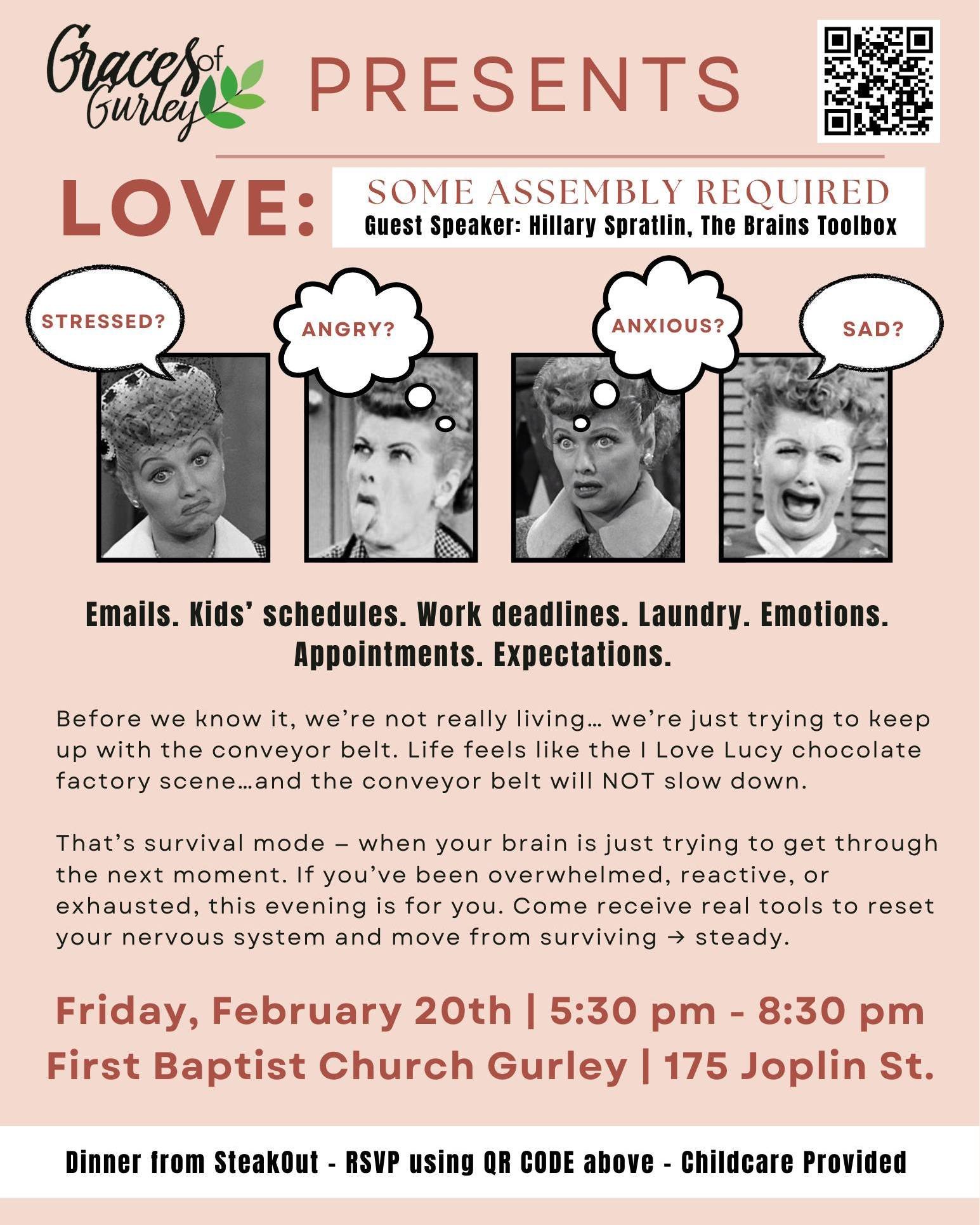 Gurley ladies, get ready! 🎉 One week from today, we&rsquo;re hosting what might just be the most fun and helpful event of the year!
Join Hillary Spratlin from The Brains Toolbox as she presents LOVE: Some Assembly Required. Because let&rsquo;s be ho