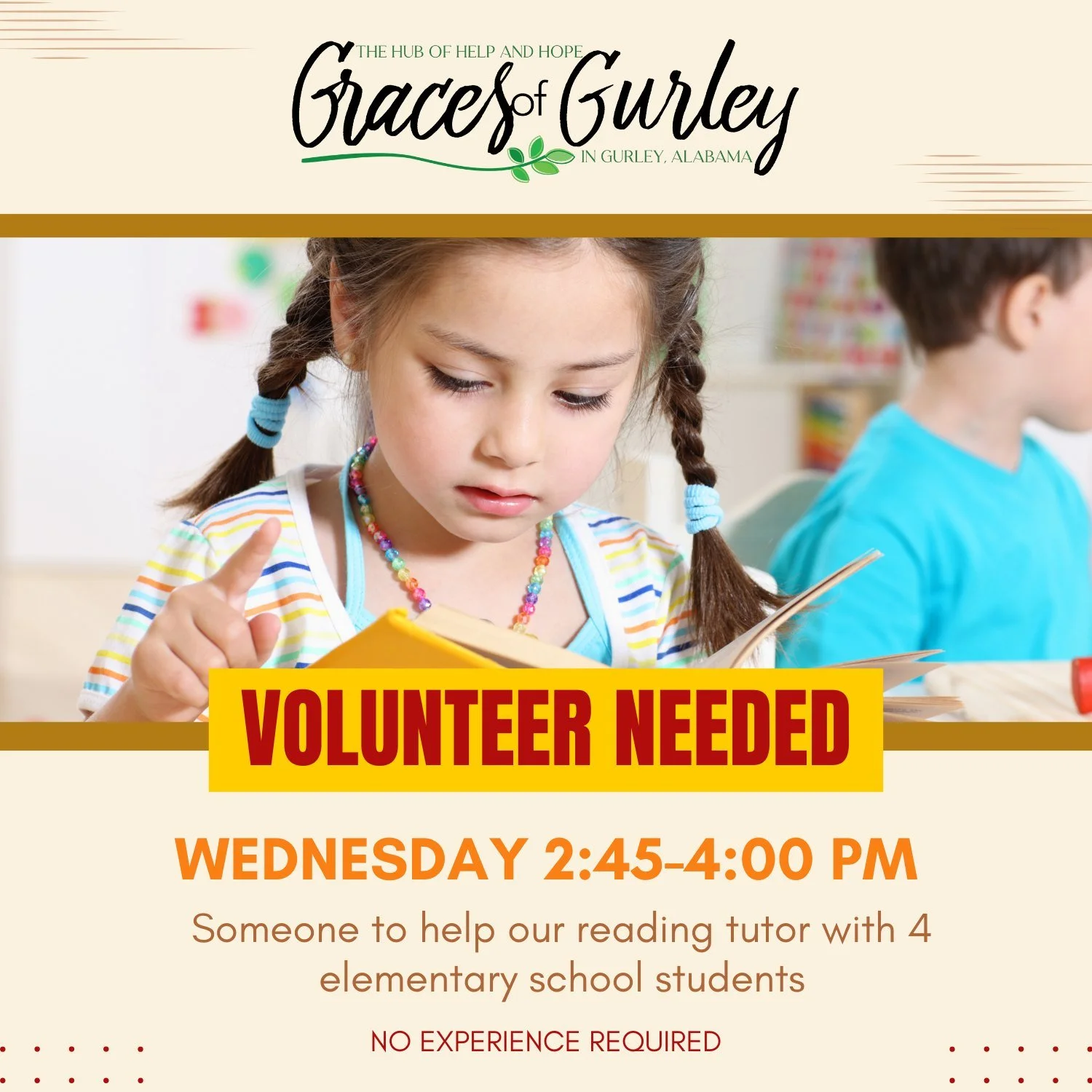📚 Volunteer Opportunity!
We have a reading specialist working with several of our Jacob&rsquo;s Ladder elementary students on Wednesdays after school, and she could use a helping hand!
We are looking for a volunteer who can sit with a child and go t