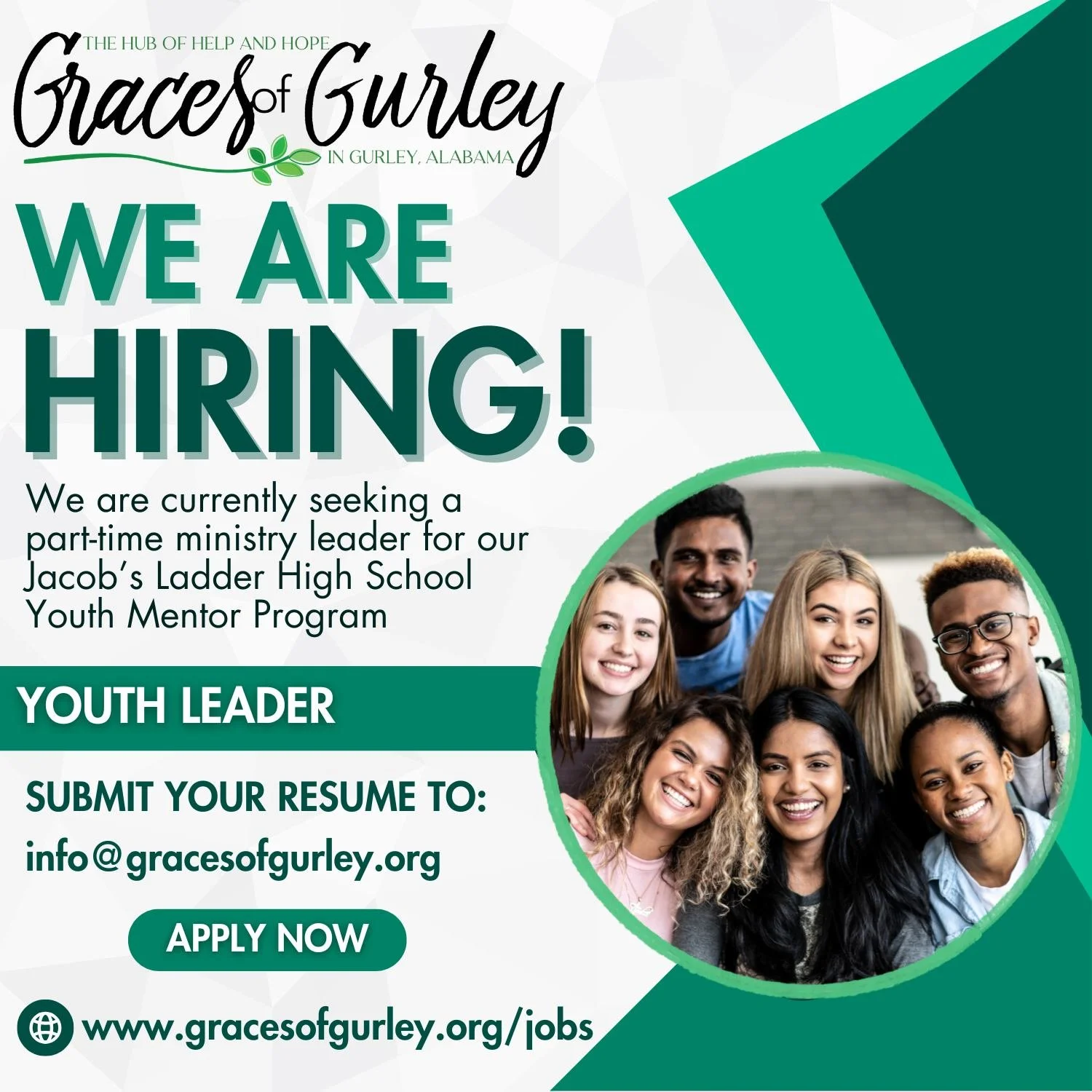 Now Hiring: Part-Time Ministry Leader
Graces of Gurley is seeking a part-time ministry leader for our Jacob&rsquo;s Ladder high school students. If you have a heart for helping teens navigate life, want to invest in the next generation, or are intere
